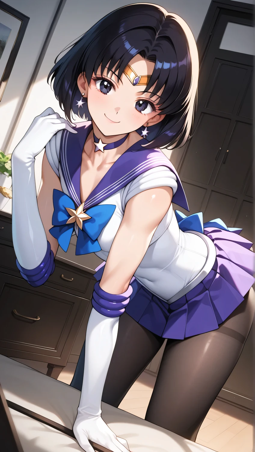 score_9, score_8_haut, score_7_haut, score_6_haut, score_5_haut, score_4_haut, source_anime, évaluation_douteux, 2.5D art, Seul femboy, garçon efféminé, otoko-no-ko, 25 ans, une constitution athlétique avec des épaules larges et une poitrine tonique, (Abdos:0.8), (seins:1.0), (:0.7), Hotaru Tomoe, cheveux courts, cheveux noirs, yeux noirs, collant, chemise, manches longues, jupe, col roulé, jupe, gants, arc, bijoux, pleated jupe, boucles d'oreilles, collier, elarc gants, white gants, col marin, étoile (symbole), fille magique, tiare, broche, purple jupe, back arc, uniforme de marin, étoile collier, purple col marin, étoile broche, Sailor Saturne, intérieur, penché, sourire, suffisant, en regardant le spectateur, Seul, fullbody, angle néerlandais