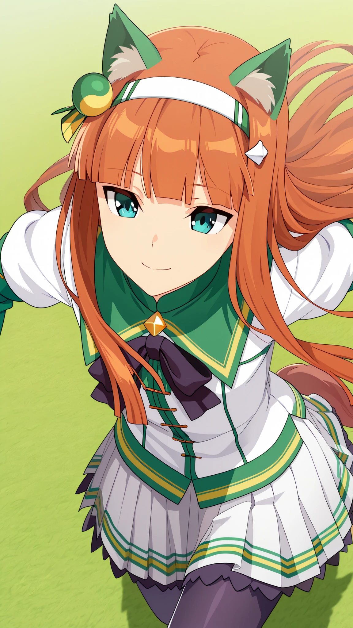 blooms alone, 1 girl, Source Anime, Silence Suzuka, long hair, dark brown hair,  Blue eyes , With green ears,  has a tail , medium chest,  pantyhose, run, ท่าrun, smile, Background Lawn, very close up, high-angle image