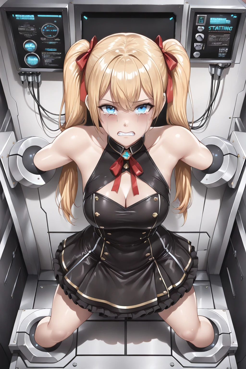 masterpiece, best quality, absurdres, ultra detail background, (vivid color:1.3), high poly 3d, beutiful 1girls, , (loli:2), standing, (top-down bottom-up:1.3), (face on ground:1.3), (arms back), (restrained, restrained arms,  machine, stationary restraintetal, bondage:1.5), (large metal :2), (((((peach hair, wavy hair, middle hair, hair over one eye))))), (((((tennis uniform, collar))))), baby face, , , , ( machine, , spread arms, ,  object insertion:2),metal stick in , , panting, squirting , wet, , vulgarity, blush, aroused, sweaty skin, sweat, closed mouth, , peeing hard, stationary_restraints, masterpiece, high quality, best quality, beautiful, hd, perfect lighting, detailed face, detailed body, masterpiece, best quality, intricate details, 8k uhd, perfect face, perfect eyes