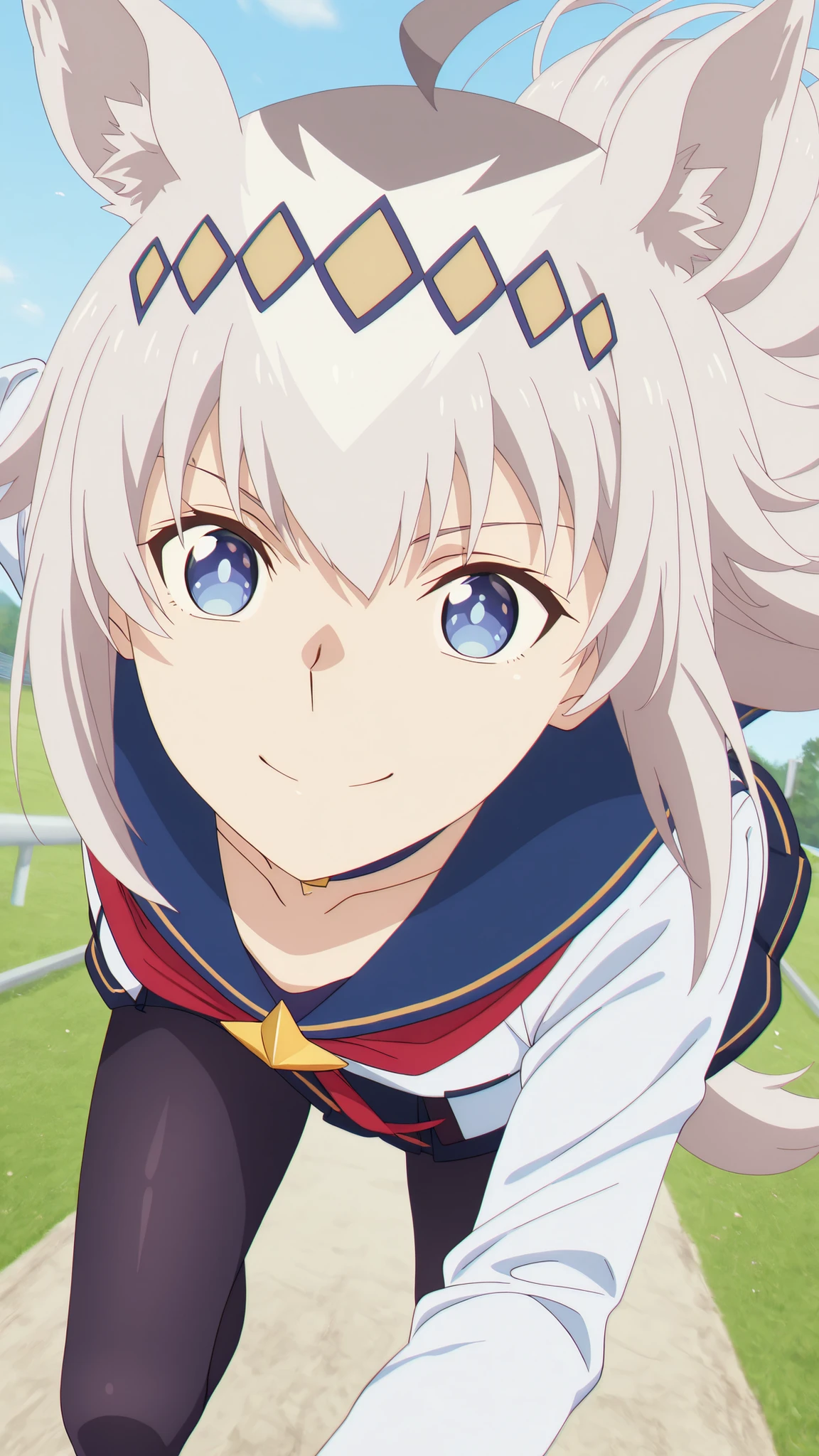 blooms alone, 1 girl, Source Anime, Oguri Cap, long hair, , gray hair,  Blue eyes , Have ears,  has a tail , medium chest,  pantyhose, run, ท่าrun, smile, Background Lawn, very close up, high-angle image