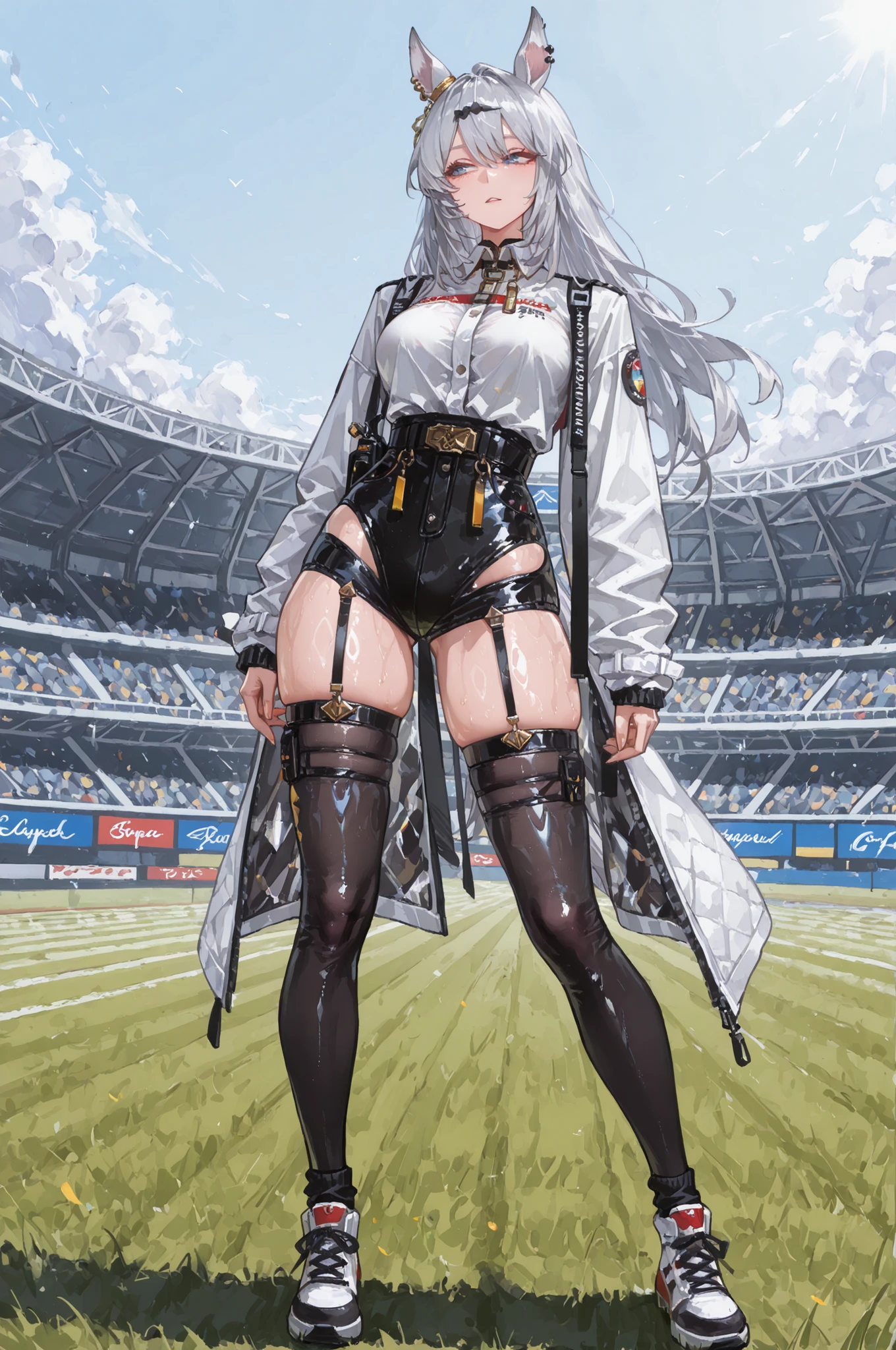 lawn、Racecourse、緑のlawnの上、新緑のlawn、Yee Xuan、collapse Starrail、Racecourse、Uma Musume、horse ear、Jirio Mahonoko、 A sophisticated eye 、Full Body、GBF_style、748cm style、32K、Semi Realistic、  super detailed description on the front 、art work、Original Work、 Detailed Color、 detailed eyes、 detailed face 、Detailed Eyes、detailed eyes、Exquisite eyes, The best傑作、professional job、Beautiful , Lots of Piercings, pop art, shiny oily skin, realistic skin, The best, long hair under , blue eyes,    cool look, narrowed her eyes, viewers, Silver Hair、lawn、Racecourse、Turf、Race Course 、dynamic pose 、緑のlawn,Racecourse、lawn、Black Knee Socks、緑のlawn、black hotpants、black hotpants、black tights、lawnの上、frustrated、Three-quarter sleeves、3/4 sleeve long coat、white coat、garter belt、Yee Xuan