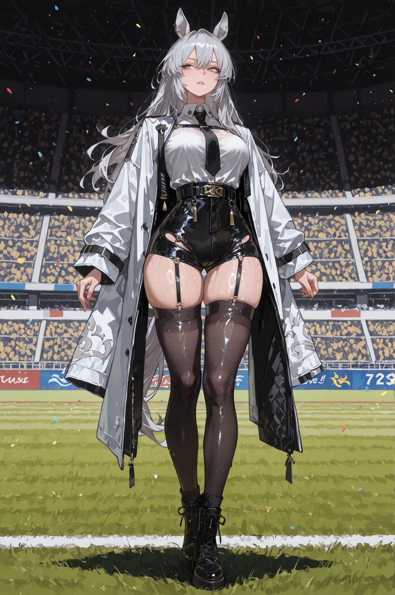 lawn、Racecourse、緑のlawnの上、新緑のlawn、Yee Xuan、collapse Starrail、Racecourse、Uma Musume、horse ear、Jirio Mahonoko、 A sophisticated eye 、Full Body、GBF_style、748cm style、32K、Semi Realistic、  super detailed description on the front 、art work、Original Work、 Detailed Color、 detailed eyes、 detailed face 、Detailed Eyes、detailed eyes、Exquisite eyes, The best傑作、professional job、Beautiful , Lots of Piercings, pop art, shiny oily skin, realistic skin, The best, long hair under , blue eyes,    cool look, narrowed her eyes, viewers, Silver Hair、lawn、Racecourse、Turf、Race Course 、dynamic pose 、緑のlawn,Racecourse、lawn、Black Knee Socks、緑のlawn、black hotpants、black hotpants、black tights、lawnの上、frustrated、Three-quarter sleeves、3/4 sleeve long coat、white coat、garter belt、Yee Xuan