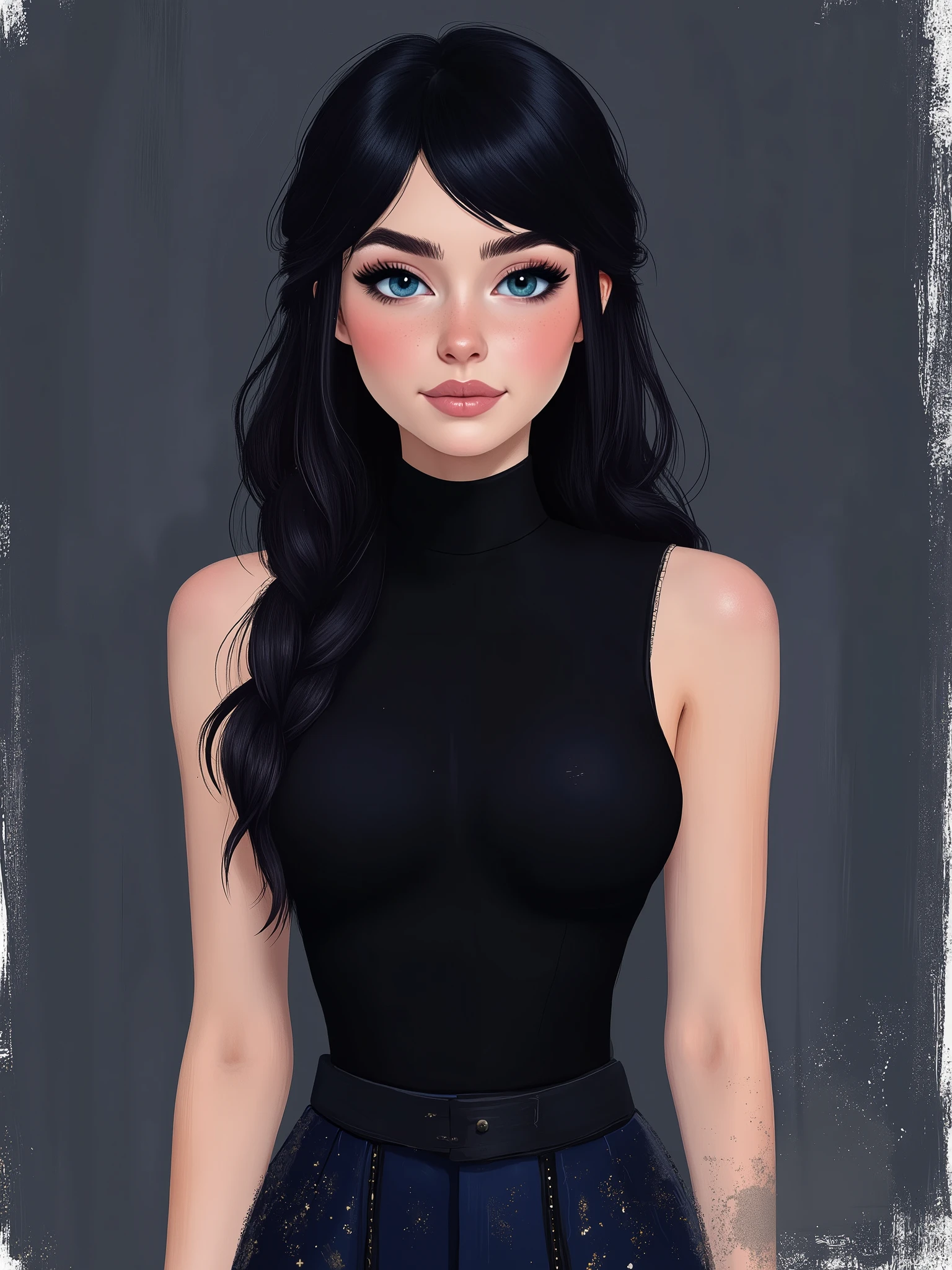sketch painting, marinette Dopanchan, ArsMJStyle, Flat Cartoon Illustration, A very beautiful and cute 22 year old woman with a slight smile. (((Shy smile))), sharp focus on the face, (((Western eyes:1.5))), (((Extremely detailed ice-blue eyes, beautiful eyes, beautifully detailed eyes))), (((delicately detailed thin pink lips))), (((long hair, shiny hair))), (((black medieval steampunk style sleeveless t-shirt))), (((Dark Blue medieval steampunk style leather warrior pants))), (((full body view, dynamic pose, standing:1.5, graceful pose))), (((The background is Dark Gray and painted with expressive, visible textures using dynamic brushstrokes and strokes that add depth and movement. The paint covers only the area just behind the subject. The outer edges of the image with black margins, as if the background had been painted with a brush and with expressive and visible textures using dynamic brushstrokes and strokes fading toward the edges creating a modern and artistic vignette effect))). Cinematic lighting, soft depth of field, (((masterpiece/high resolution/Best Quality/top quality/high quality/UHD/16k quality))), sharp focus, no blur, film grain, bokeh.