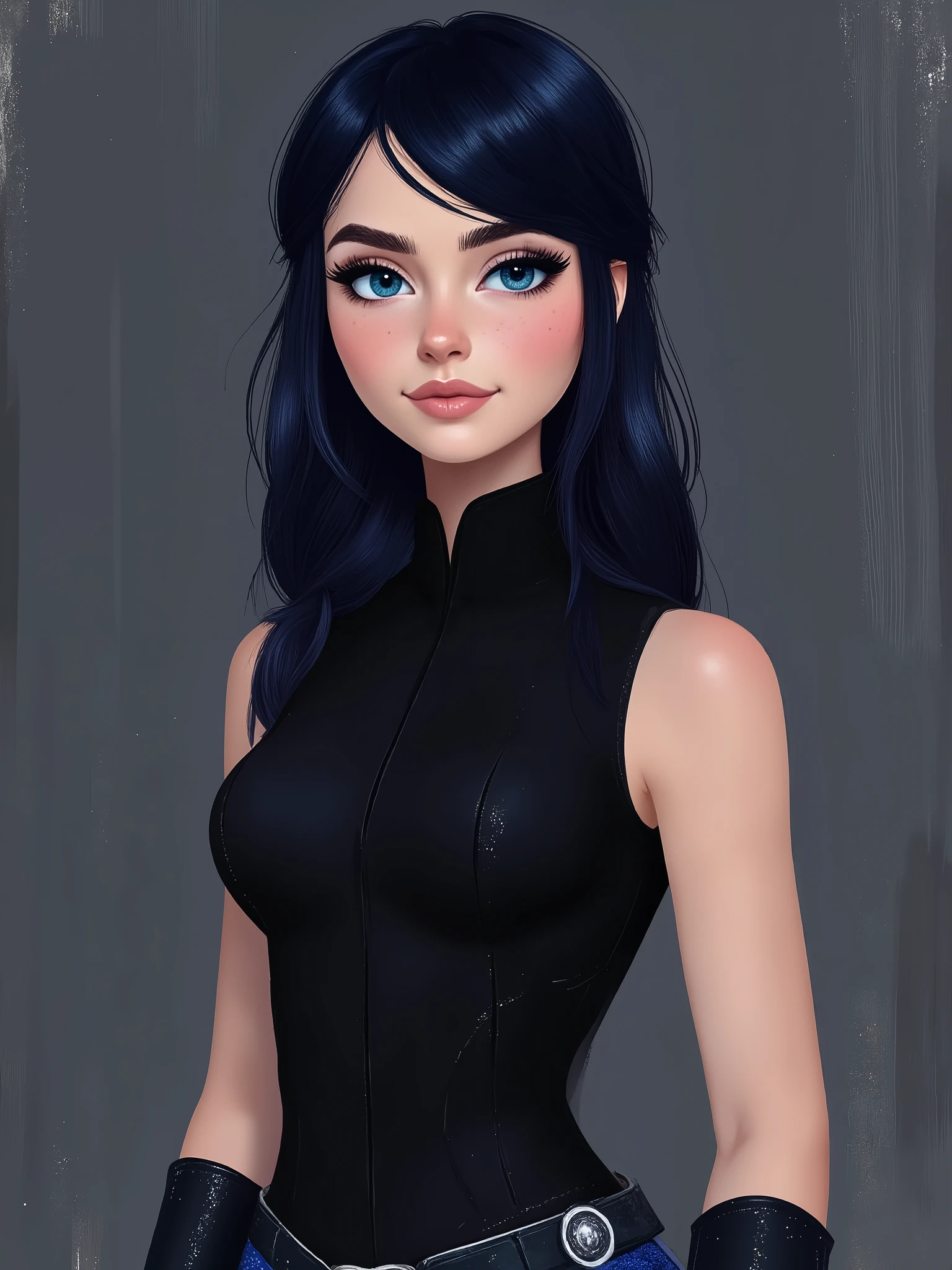 sketch painting, marinette Dopanchan, ArsMJStyle, Flat Cartoon Illustration, A very beautiful and cute 22 year old woman with a slight smile. (((Shy smile))), sharp focus on the face, (((Western eyes:1.5))), (((Extremely detailed ice-blue eyes, beautiful eyes, beautifully detailed eyes))), (((delicately detailed thin pink lips))), (((long hair, shiny hair))), (((black medieval steampunk style sleeveless t-shirt))), (((Dark Blue medieval steampunk style leather warrior pants))), (((full body view, dynamic pose, standing:1.5, graceful pose))), (((The background is Dark Gray and painted with expressive, visible textures using dynamic brushstrokes and strokes that add depth and movement. The paint covers only the area just behind the subject. The outer edges of the image with black margins, as if the background had been painted with a brush and with expressive and visible textures using dynamic brushstrokes and strokes fading toward the edges creating a modern and artistic vignette effect))). Cinematic lighting, soft depth of field, (((masterpiece/high resolution/Best Quality/top quality/high quality/UHD/16k quality))), sharp focus, no blur, film grain, bokeh.