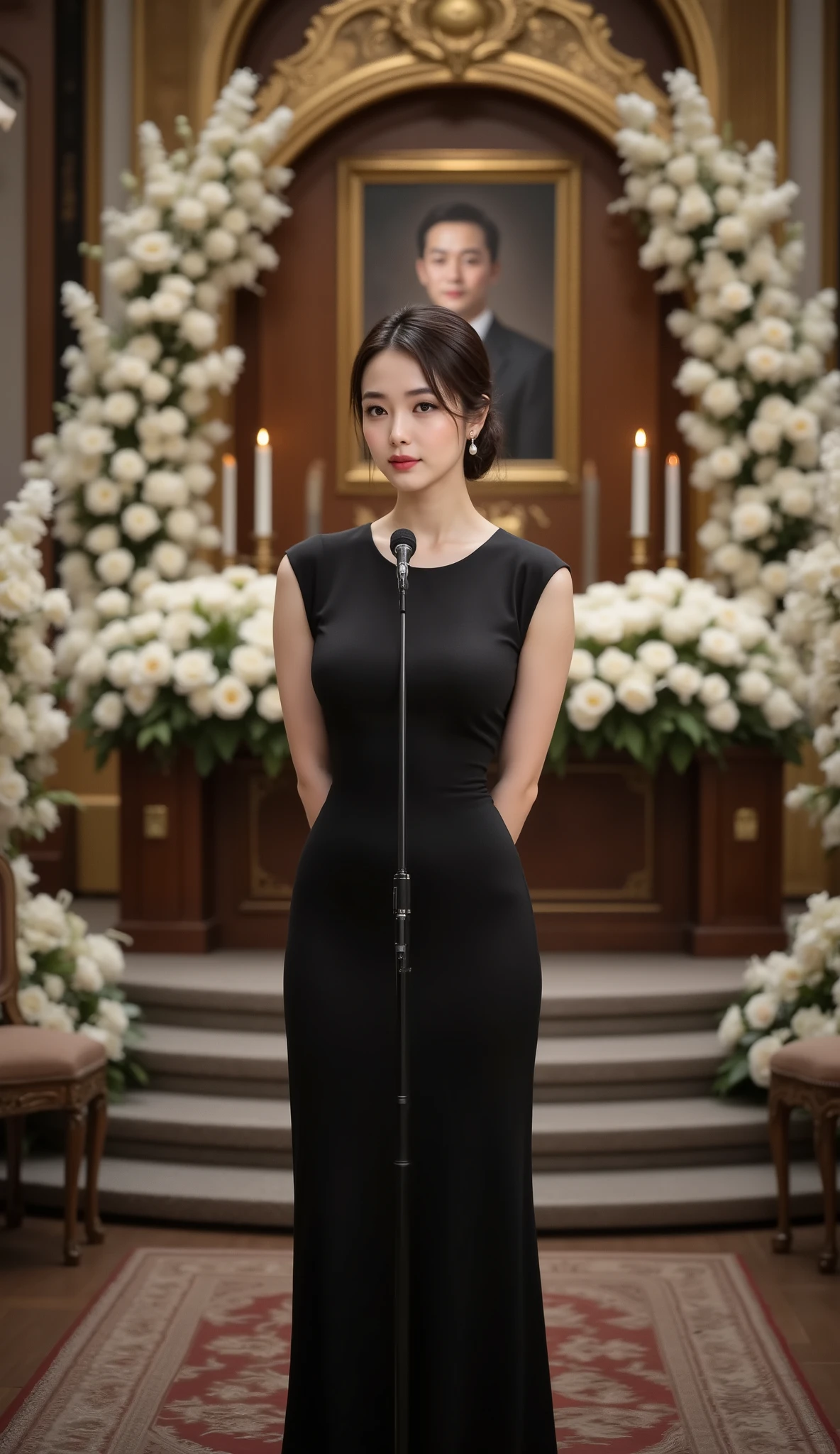 Ultra-beautiful female mourner as the chief mourner, standing at the front of a formal funeral hall and delivering a greeting. She wears a flawless black mourning dress (sleek, elegant, modest), pearl earrings, subtle makeup, glossy black updo. Expression: a delicate mix of happiness and shyness, warm eyes, gentle closed-lip smile, faint blush. Skin is luminous, porcelain-smooth, velvety, detailed microtexture, graceful highlights on cheekbones, collarbone, and hands. Face is exquisitely symmetric, refined features, long eyelashes, soft lips, serene aura. Body line is sensually elegant yet tasteful, natural curves emphasized by tailored fabric and posture. Composition: centered three-quarter portrait, slight angle toward the audience, right hand lightly touching the microphone, left hand resting near the waist. Background: opulent funeral altar with abundant white and pastel flowers arranged in sweeping, layered waves; framed memorial portrait; candles and ceremonial objects; rows of chairs; subtle floral motif echoing iconic tower silhouette. Lighting: cinematic soft key light from front-left, creamy bounce fill, gentle rim light tracing hair and shoulders; warm-white color temperature, delicate falloff; soft shadows, no harsh glare. Depth of field: shallow, 85mm lens, f/1.8, creamy bokeh of floral backdrop. Atmosphere: reverent, tranquil, dignified; air slightly hazy for glow; quiet elegance. Color palette: black fabric with fine texture; skin in warm neutral tones; flowers in
