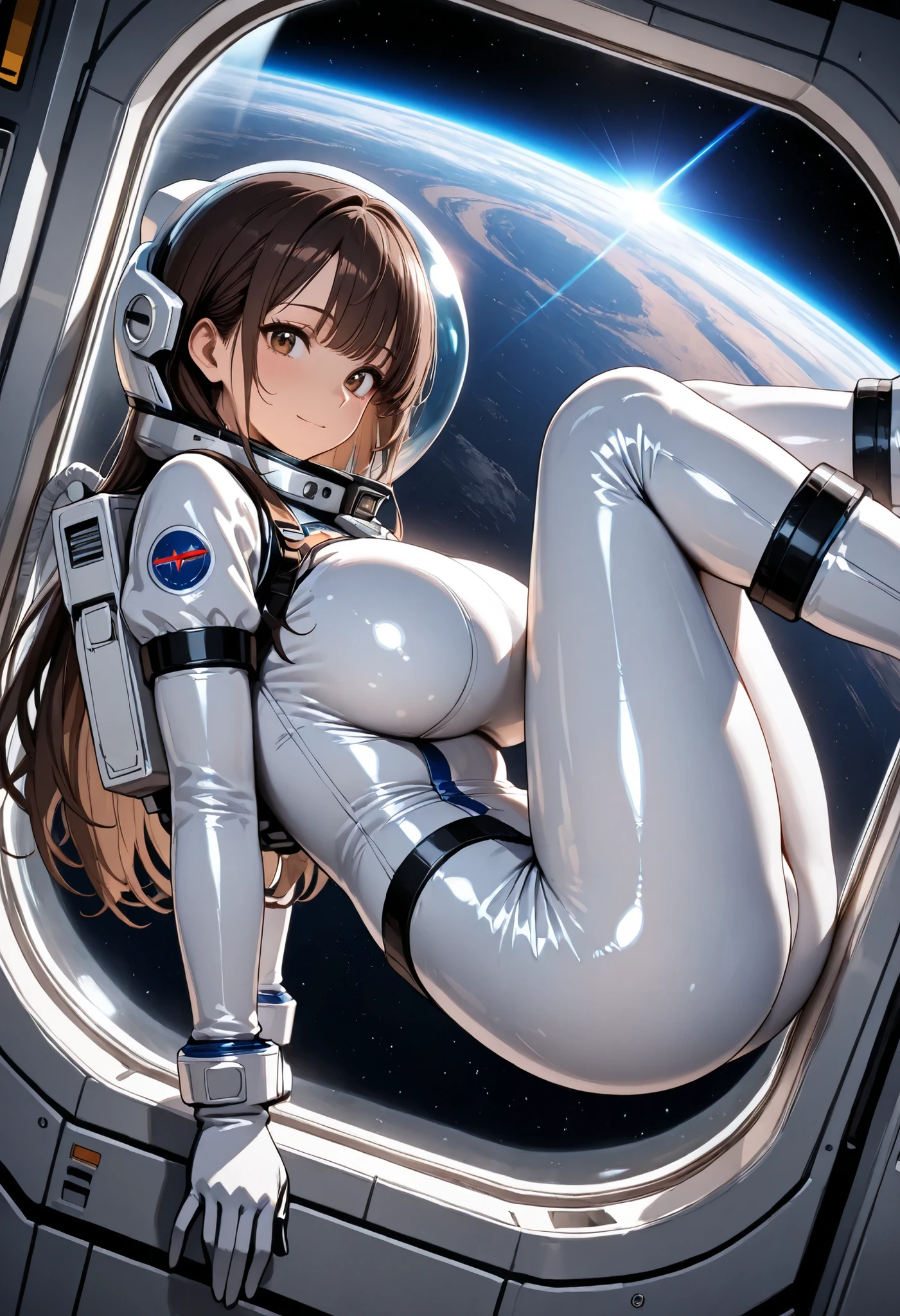 masterpiece, (detailed:1.2), HDR, Dynamic lighting, highres, hi res, best quality, masterpiece, ((futuristic space station, window where one can see space)), (solo), shiny skin, (1 girl), Sweats heavily, Dark brown hair with bangs, Brown eyes , long hair, straight hair, light smile, large breast (75H) , ((Futuristic full-body spacesuit made of White latex, spacesuit Boots, spacesuit Gloves, Skin-tight, Suit covers body,)), looks at the viewer horny, ((Floats weightlessly through space, gravity suspended)), (NSFW), (Side view, close-up),
