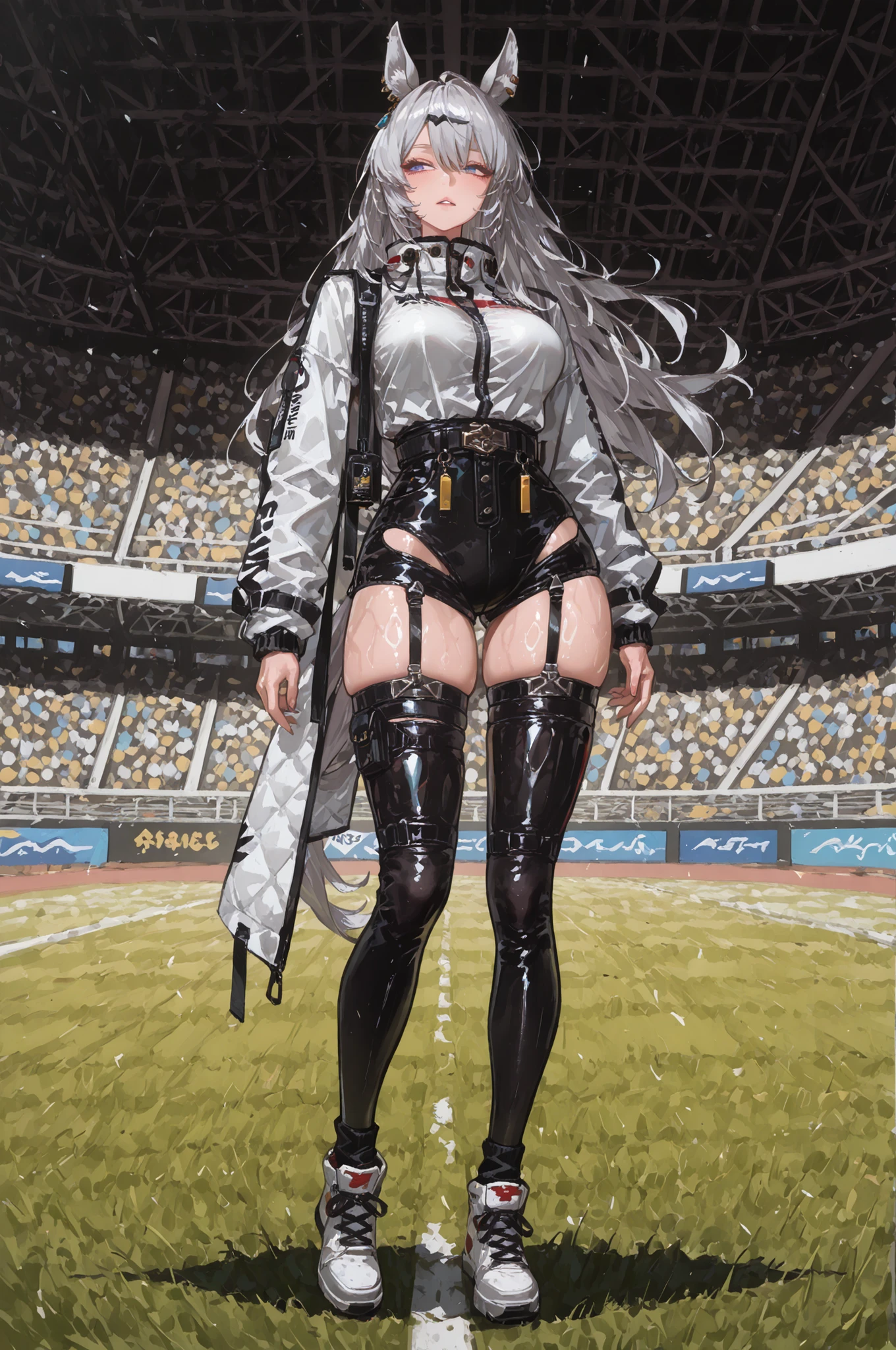 lawn、Racecourse、緑のlawnの上、新緑のlawn、Yee Xuan、collapse Starrail、Racecourse、Uma Musume、horse ear、Jirio Mahonoko、 A sophisticated eye 、Full Body、GBF_style、748cm style、32K、Semi Realistic、  super detailed description on the front 、art work、Original Work、 Detailed Color、 detailed eyes、 detailed face 、Detailed Eyes、detailed eyes、Exquisite eyes, The best傑作、professional job、Beautiful , Lots of Piercings, pop art, shiny oily skin, realistic skin, The best, long hair under , blue eyes,    cool look, narrowed her eyes, viewers, Silver Hair、lawn、Racecourse、Turf、Race Course 、dynamic pose 、緑のlawn,Racecourse、lawn、Black Knee Socks、緑のlawn、black hotpants、black hotpants、black tights、lawnの上、frustrated、Three-quarter sleeves、3/4 sleeve long coat、white coat、garter belt、Yee Xuan