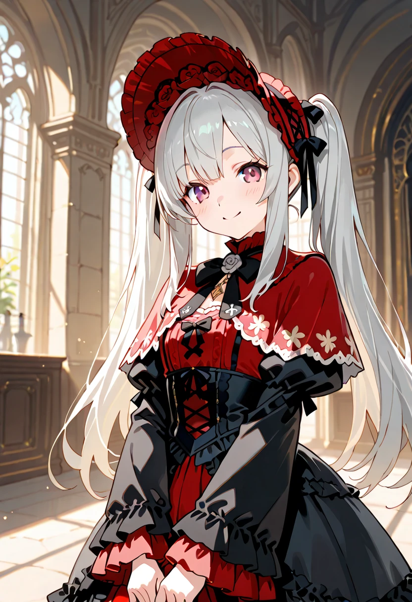 beautiful, (masterpiece:1.2), (Highest quality:1.2), Perfect Eyes, Perfect Face, Perfect lighting,One girl, Oily skin,masterpiece, Highest quality, High resolution, (Salome), Drill Hair, Parted bangs, hair band, ribbon, Purple eyes, Large , tattoo, ((Red tight dress made of cupra material)),,Long sleeve,  shoulders, Black gloves,Thick thighs,Narrow waist, Cowboy Shot,((headset)),Constricted eyes,),smile,