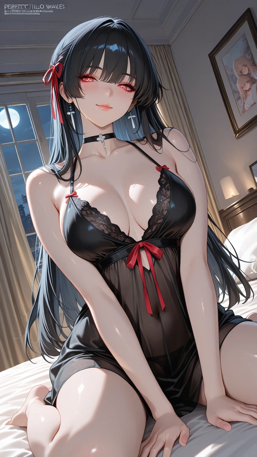 High quality, masterpiece, ultra-detailed, black stockings, transparent lingerie, red panties, choker, headress, cute loli girl, solo, peaceful expression, black hair, enchanting blue eyes, fox ears, bedroom