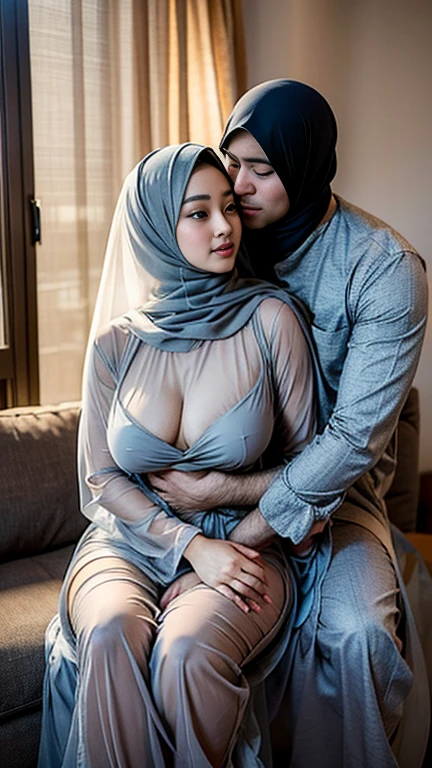 Beautiful fair skin matured indonesia girl in hijab sitting in men lap, in girl room, seductive ???? face, 35 years old, milf, angry pose, ultra detail face, detail skin texture and wrinkle, in bed, morning, wearing hijab, random light blue color hijab, ????, medium ??????, flat ?????, wide waist, thick thighs, bright lighting, white lighting, dramatic lighting, high quality, cinematic movie shot angle and framing, weeding ring, bracelet and watch, ????, show pubic hair, ?????, show ??????, seductive face, seductive lips, wet lips, 1 men hug ???????????, sit with open leg, hugged by 1 man wear business cloth, floral pattern hijab, making out in bed, seductive ???? couple, wet body, dense pubic hair, wet ??????, ?????? water dipping, seductive closed eyes,
