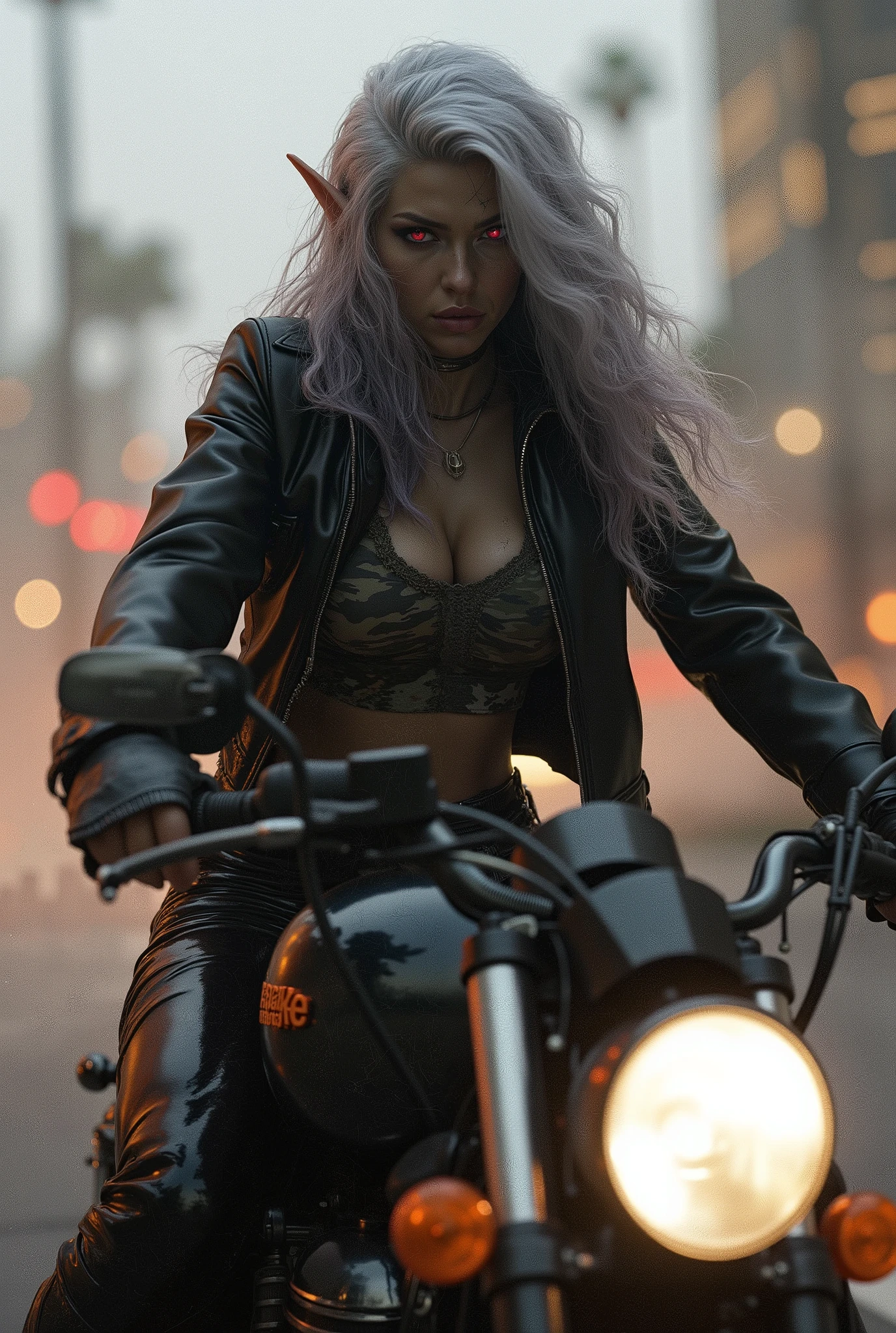 ,гиперреалистичная фотография,насыщенные теплые цвета,стиль фото 1980хх : ((1a grey-skinned teen-European woman -dark elf(Drow), ((a dark elf,(drow),темно-серая кожа, красные глаза, серебристые волосы)), pointed elf ears, grey skin, light silver hair, closed mouth, dynamic pose, complex fantasy character, cinematic lighting, fantasy, magic, best quality, HDR, 8k, photorealistic, RAW photo, highly detailed (grey skin,Drow-elf),beautysexy body,skinned,(темно-серая кожа,темный эльф, мускулистые стройные бедра и икры,худое стройное тело,выступающие ребра,легкий наклон головы, сексуальность,)) одета в кожанную мотоциклетную байкерскую куртку, короткий камуфляжный серо-черный топик, на ногах черные кожаные штаны,, быстро едет верхом на своем мотоцикле Harley Davidson Fanboy, ее волосы развиваются на ветру,глаза прищурены, крупный план, быстрая езда на мотоцикле, шоссе,включена фара мотоцикла,размытый задний фон с Лос-Анжелесом позади,