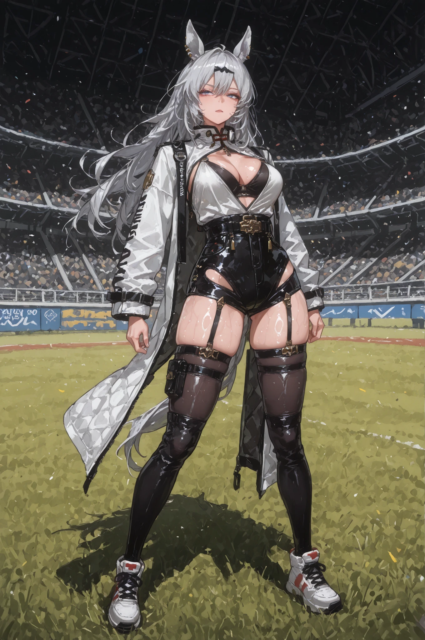 lawn、Racecourse、緑のlawnの上、新緑のlawn、Yee Xuan、collapse Starrail、Racecourse、Uma Musume、horse ear、Jirio Mahonoko、 A sophisticated eye 、Full Body、GBF_style、748cm style、32K、Semi Realistic、 super detailed description on the front 、art work、Original Work、 Detailed Color、 detailed eyes、 detailed face 、Detailed Eyes、detailed eyes、Exquisite eyes, The best傑作、professional job、Beautiful , Lots of Piercings, pop art, shiny oily skin, realistic skin, The best, long hair under , blue eyes, cool look, narrowed her eyes, viewers, Silver Hair、lawn、Racecourse、Turf、Race Course 、dynamic pose 、緑のlawn,Racecourse、lawn、Black Knee Socks、緑のlawn、black hotpants、black hotpants、black tights、lawnの上、frustrated、Three-quarter sleeves、3/4 sleeve long coat、white coat、garter belt、Yee Xuan、open your