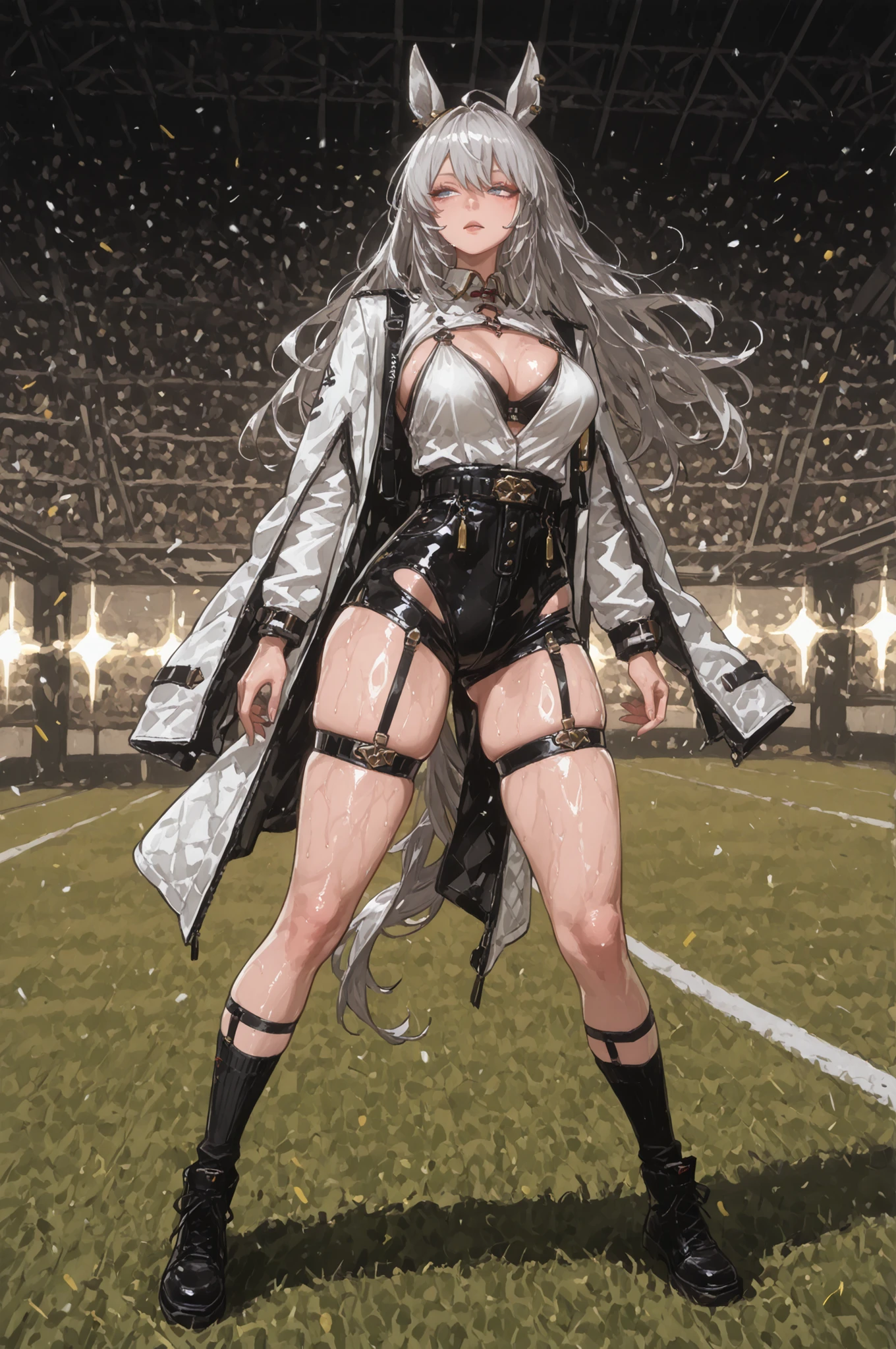 lawn、Racecourse、緑のlawnの上、新緑のlawn、Yee Xuan、collapse Starrail、Racecourse、Uma Musume、horse ear、Jirio Mahonoko、 A sophisticated eye 、Full Body、GBF_style、748cm style、32K、Semi Realistic、  super detailed description on the front 、art work、Original Work、 Detailed Color、 detailed eyes、 detailed face 、Detailed Eyes、detailed eyes、Exquisite eyes, The best傑作、professional job、Beautiful , Lots of Piercings, pop art, shiny oily skin, realistic skin, The best, long hair under , blue eyes,    cool look, narrowed her eyes, viewers, Silver Hair、lawn、Racecourse、Turf、Race Course 、dynamic pose 、緑のlawn,Racecourse、lawn、Black Knee Socks、緑のlawn、black hotpants、black hotpants、black tights、lawnの上、frustrated、Three-quarter sleeves、3/4 sleeve long coat、white coat、garter belt、Yee Xuan、open your 