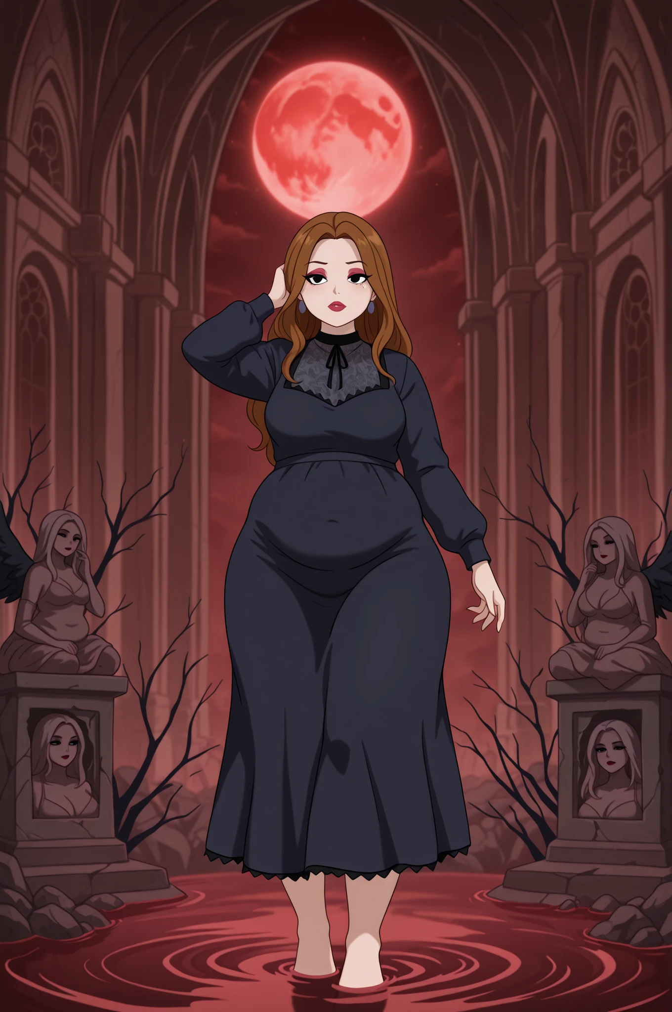 Debra, small . Pale red lipstick, brown hair, black eyes, pale red makeup, long hair, thick , chubby, overweight, chubby, fat, mature woman..| llustration , best quality , dramatic lighting , r17329_illu , usnr , dark , gothic-style illustration of a melancholic , Broken-Winged Angel , Fallen Angels , her  contrasting sharply with the dark surroundings . She walks barefoot over a cracked , barren ground , with her head slightly bowed , exuding a sense of sorrow and mystery . The landscape around her is desolate , with crumbling gothic architecture—tall spires , ruined cathedrals , and stone statues . Dead , their gnarled branches casting eerie shadows . In the distance , a blood-red moon hangs low in the sky , illuminating the land with a haunting red glow . Pools of dark water reflect the woman’s sorrowful figure , creating an atmosphere of despair and forgotten beauty . The overall scene evokes a sense of loss , gothic elegance , and dark romanticism, sweater, medium skirt