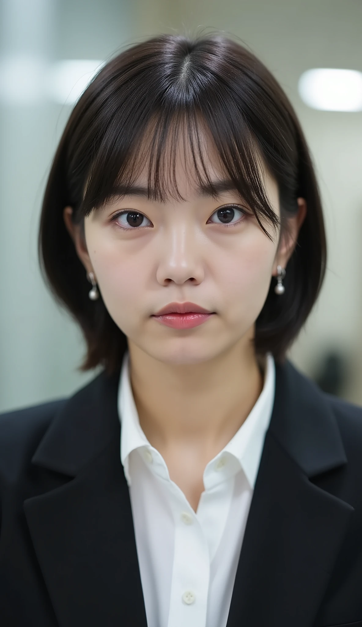Neat Young Woman、looking at the camera、office lady suit、jacket、shirt、Ear piercings、has bangs and is making a small scream、hairstyle short bob、、No expression、has closed its mouth、、face close-up、The background is office