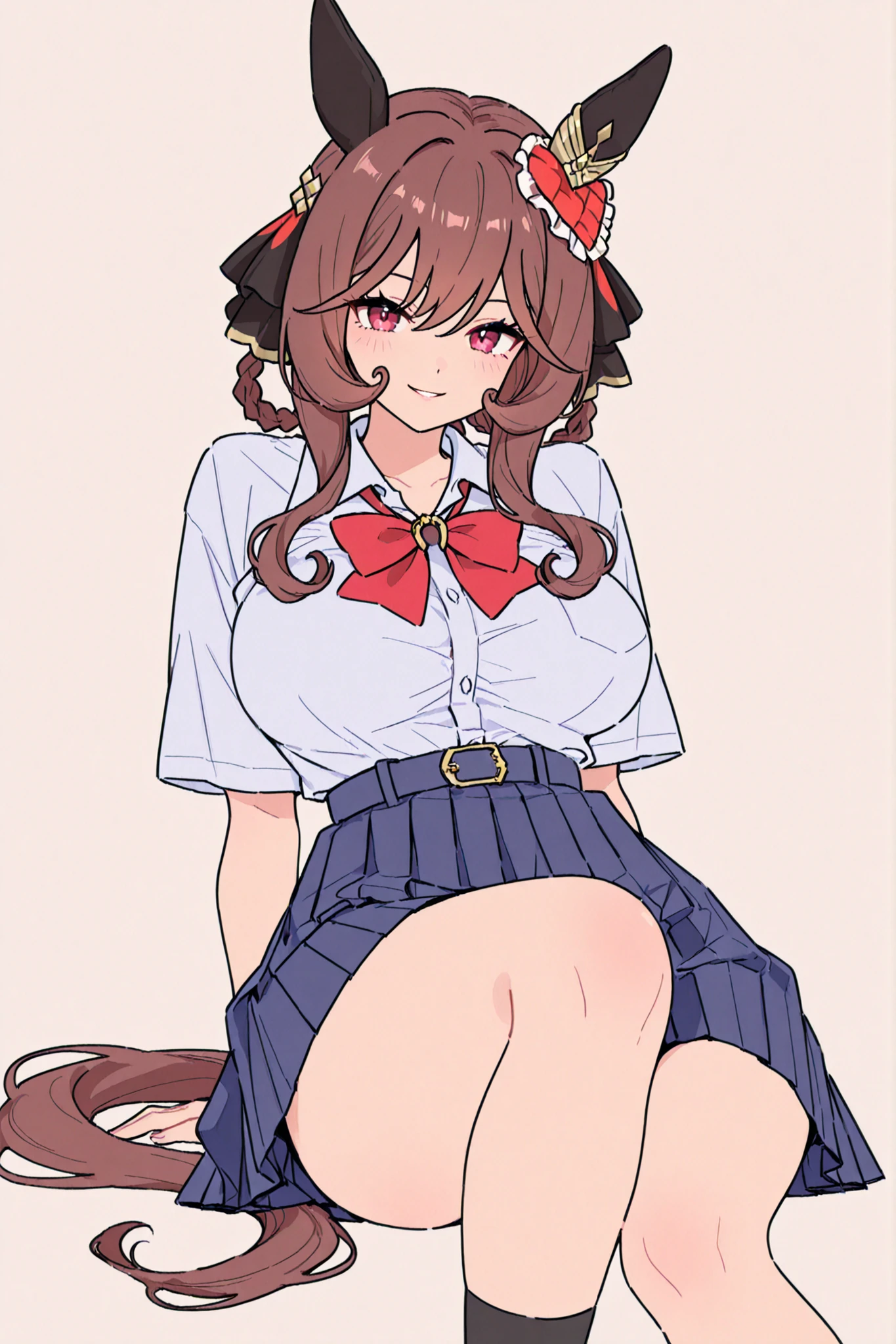 gentildonna, braid, hair ornament, animal ears, ear ornament, horse tail, \(umamusume\),1 girl、long hair、 long tail、masterpiece、Highest Quality、cute girl、high school girl、anime style、 white collar shirt、red loose bowtie、pleated skirt, navy blue skirt、Shirt tucked in, black socks、watching viewers 、big breasts、big boobs、thighs、 uniform、Smile Yan、watching viewers、simple background、
