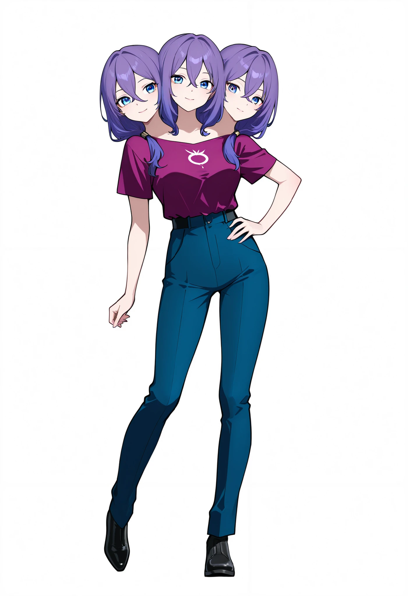 three heads , anime girl with three heads , long violet hair , blue purple eyes , magenta violet shirt , blue violet pants , factory workplace background