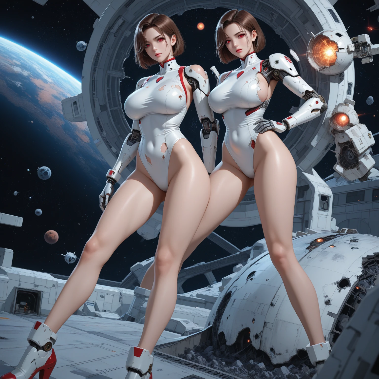 8K, Best quality, Ultra High-Resolution: 1.35, Raw photo: 1.2, Photorealistic: 1.37, masterpiece: 1.25)), Sweatiness: 0.2, Professional lighting, photon mapping, radiosity, symmetry, complexity, elegance, anatomically correct, ((1 girl)), medium ??????, ((long dark hair, brown eyes: 1.2)), (long eyelashes), eye shadow, natural makeup, clear facial features, double eyelids, alluring, attractive, (curvy build, full-figured body, busty, thicc body,), showing stomach, abs, ((???? black/red cybernetic lingerie exosuit:1.2)), mech armor, in deep space, space station, dark dimly lit hangar, air lock,