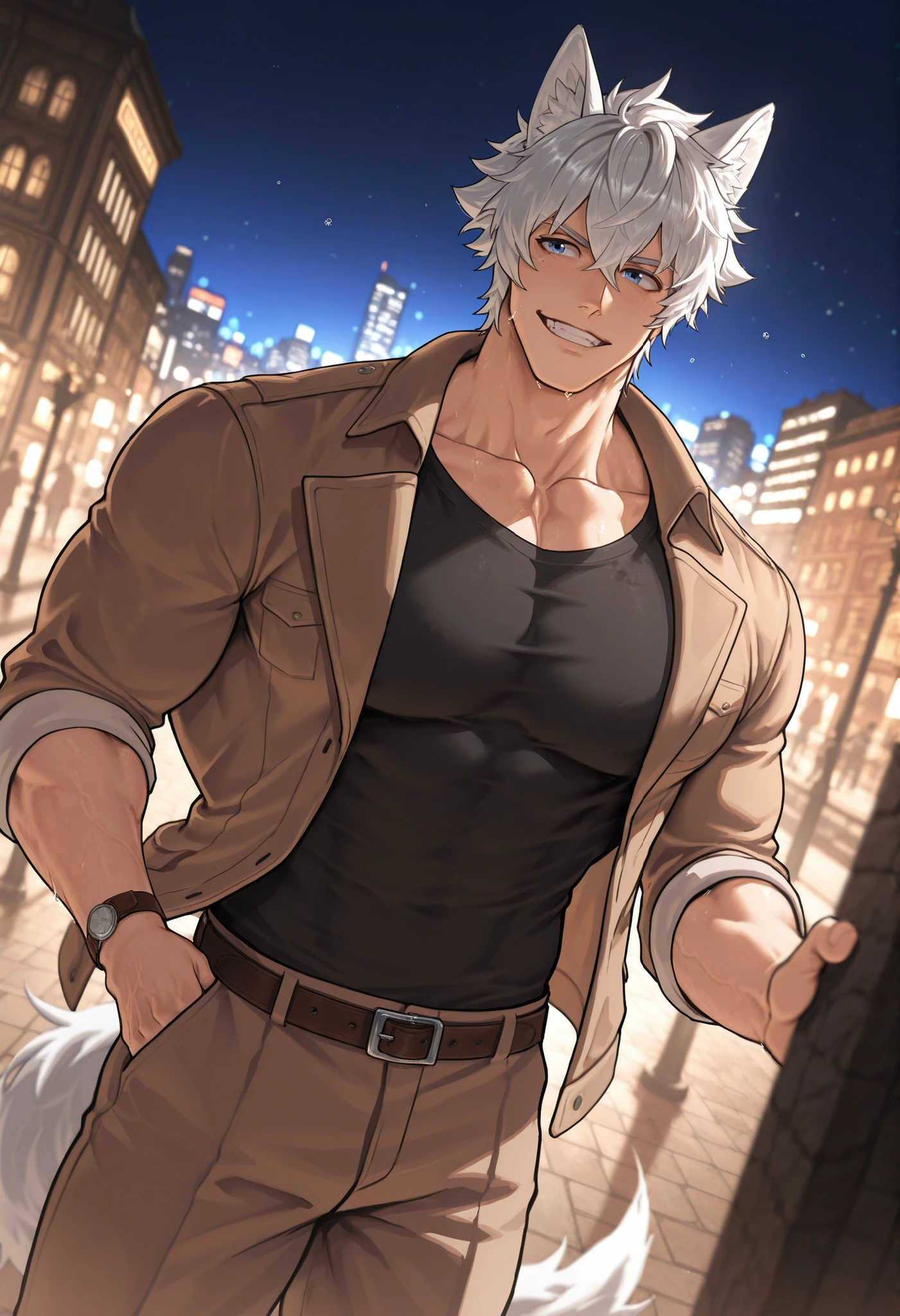 1 , alone)), wolf ears and tail, original character, wearing a brown jacket, with a black shirt, looking at the city lights, in a city at night, city lights, looking the city lights, view from a good angle , water droplets in the air, high resolution, masterpiece, ((short hair )) perspective correction,(( Attractive smile)) , anatomically correct muscles, white spiky hair, male focus , (well-detailed blue eyes , well done)) focus on the eyes), large pectorals, shaded, (masterpiece:1.35), (muy estético, best quality:1.3), shaded detallado, C, shaded realista, very detailed, masterful composition , cinematic and natural lighting, well done better result, background in a city, detailed colors