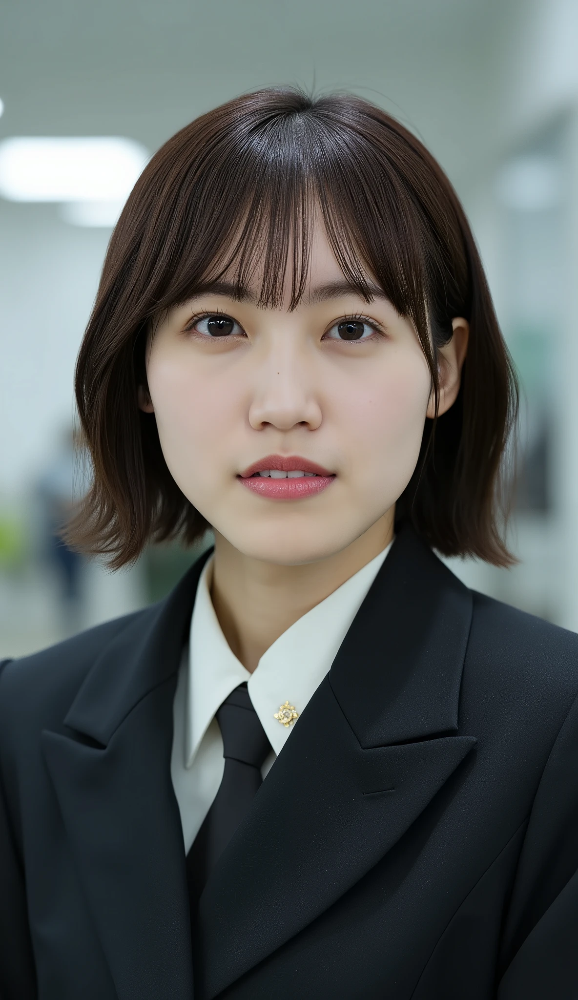 Neat Young Woman、looking at the camera、office lady suit、jacket、shirt、Ear piercings、has bangs and is making a small scream、hairstyle short bob、、No expression、has closed its mouth、、face close-up、The background is office
