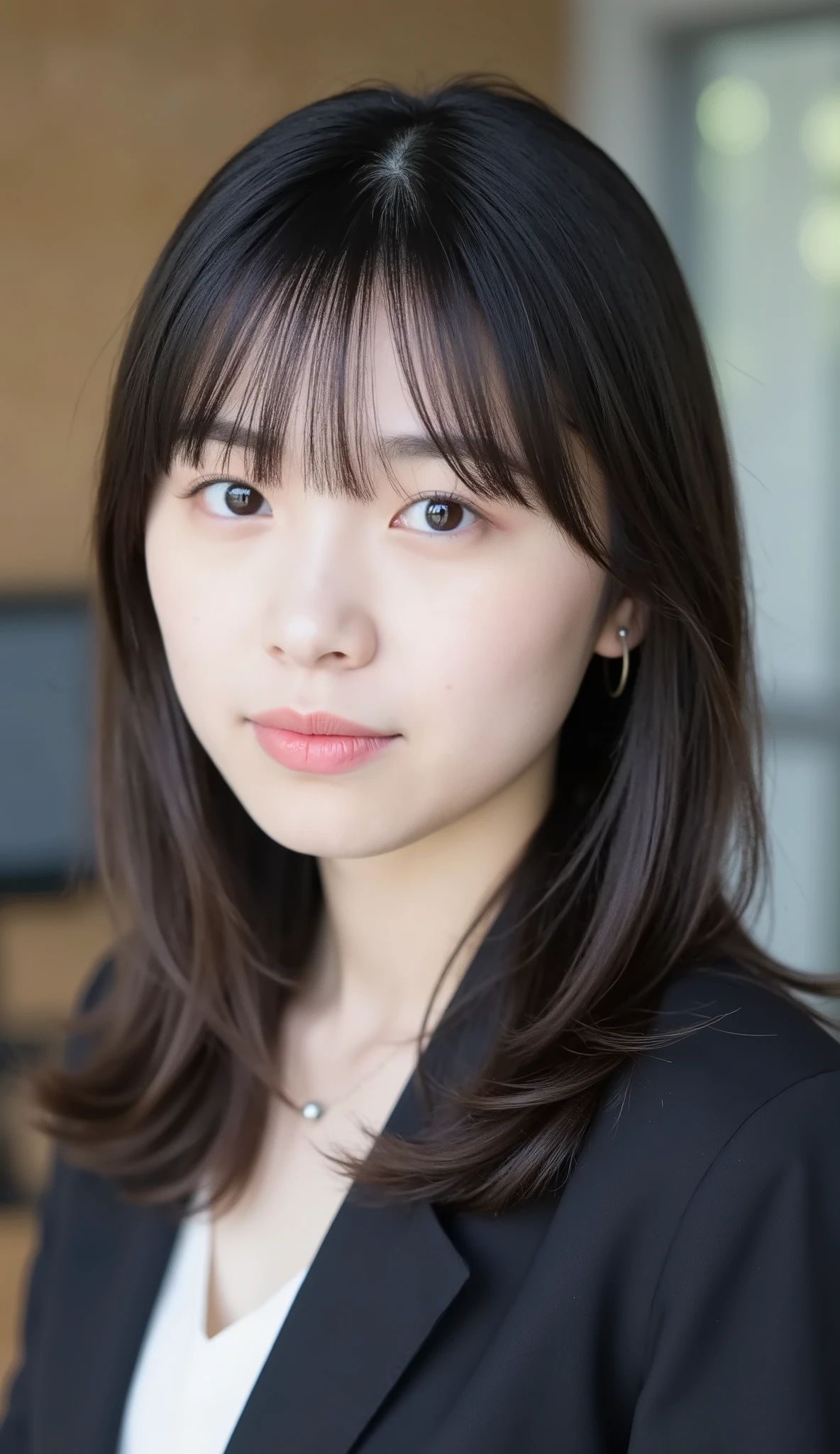 Neat Young Woman、and look at the camera、office lady suit、jacket、shirt、necklace、、ear piercing、前髪あり、No expression、has closed its mouth、顔のクローズアップ、The background is office

