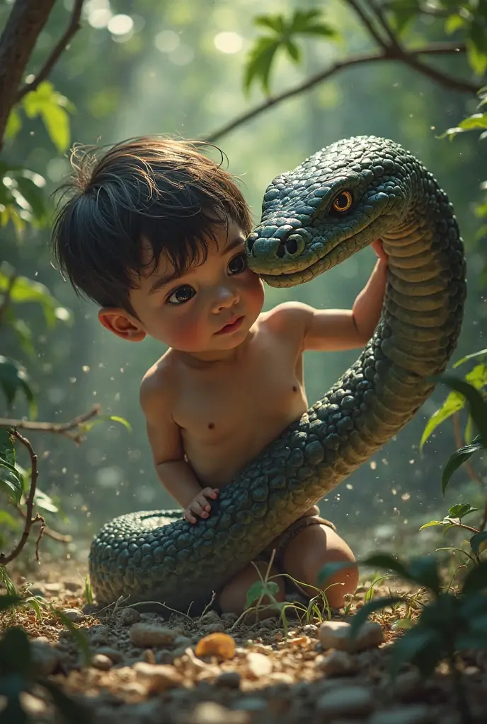 Baby eating a snake
