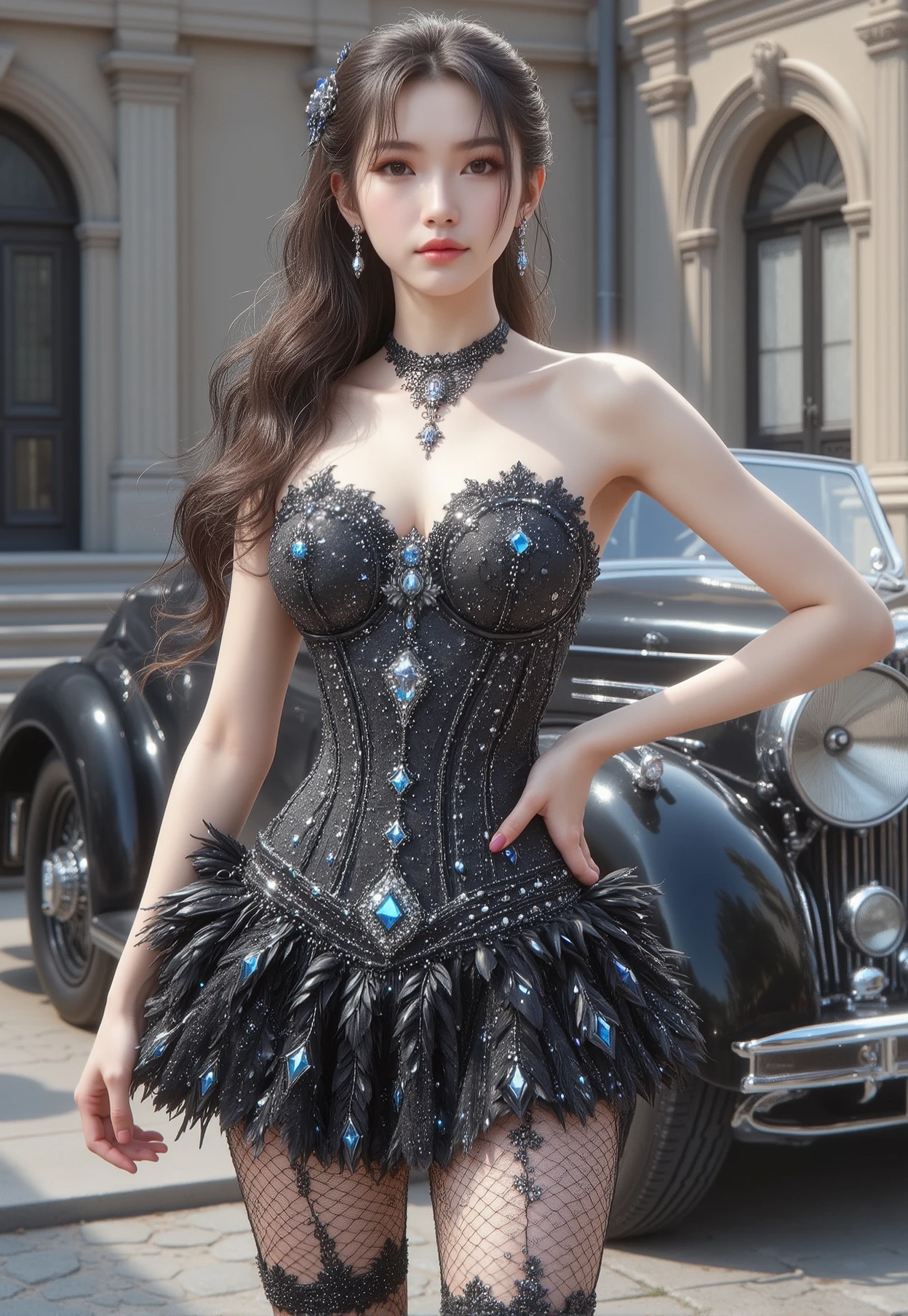 Long shot, full body shot, masterpiece, semi-realistic, A 17-year-old young Asian woman, cute-looking with douyin-style makeup with a tall, sweaty, thin body, a small belly, a wide waist and long, sexy muscular legs, and a large chest. standing oi front of a car in a strapless corset with a deep cleavage down to the navel formed by black diamonds that emphasizes her striking avant-garde body with intricate details, with a pleated miniskirt and nylon stockings with sexy gold-plated high lace, she also wears high-heeled stilettos with straps, reminiscent of Gothic or fantasy style. The work features intricate details, including sparkling blue gemstones and feather-like textures that adorn the corset, the tight corset gives a graceful and elegant impression. Her long, dark hair flows down her shoulders in waves, completing the dramatic effect. In the background, an elegant antique car painted glossy black adds a touch of classic sophistication. The architectural setting, likely a historic or Asian-style building with large windows and ornate details, conveys a sense of old-world grandeur and charm. The overall atmosphere is luxurious and mysterious, enhanced by the interplay of timeless textures and environmental qualities.