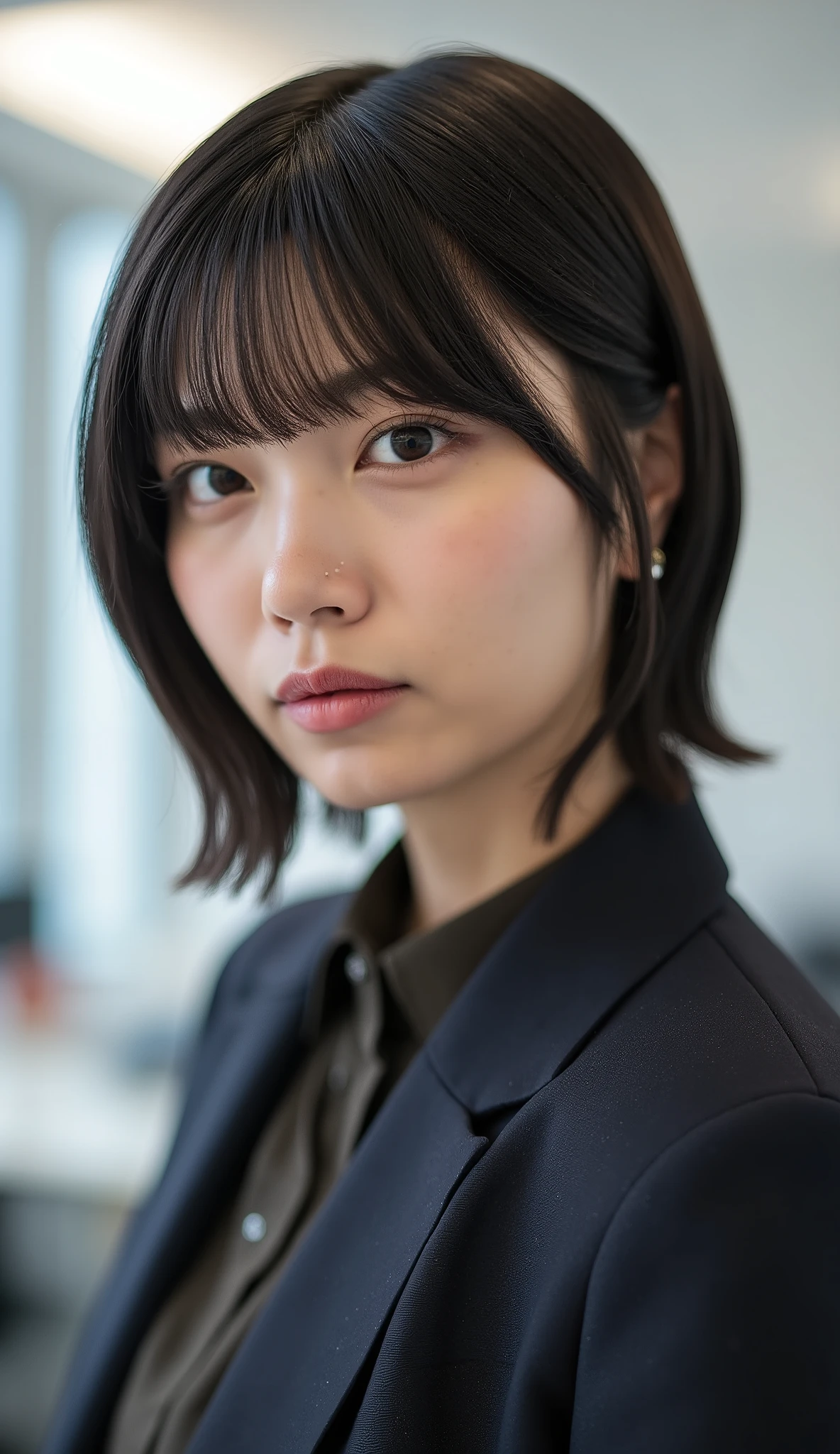 Neat Young Woman、looking at the camera、office lady suit、jacket、shirt、Ear piercings、has bangs and is making a small scream、hairstyle short bob、薄い茶髪、No expression、has closed its mouth、、face close-up、The background is office