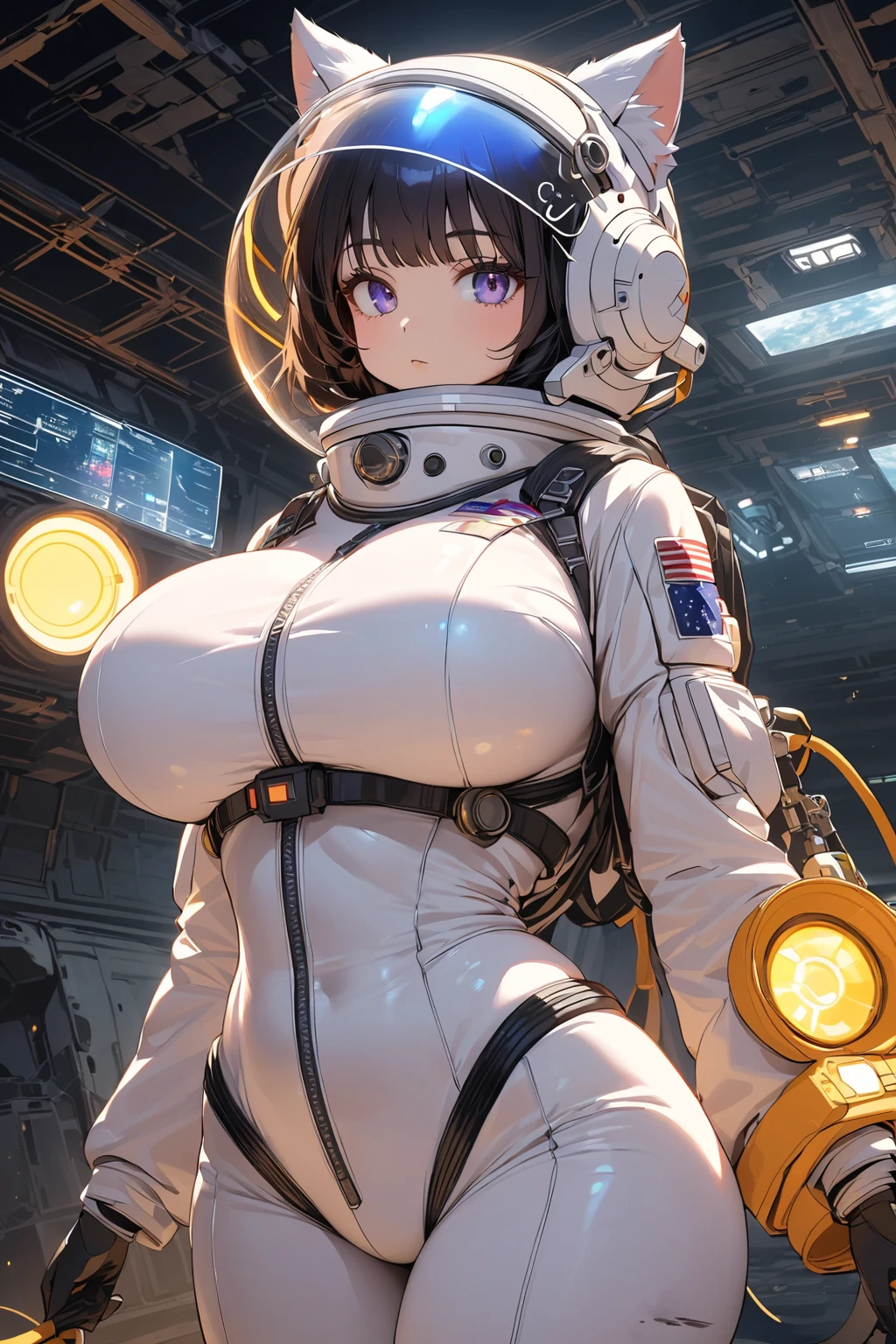 Girl with ???????????? wearing an astronaut suit with neon lace lights and huge cleavage with a helmet in space