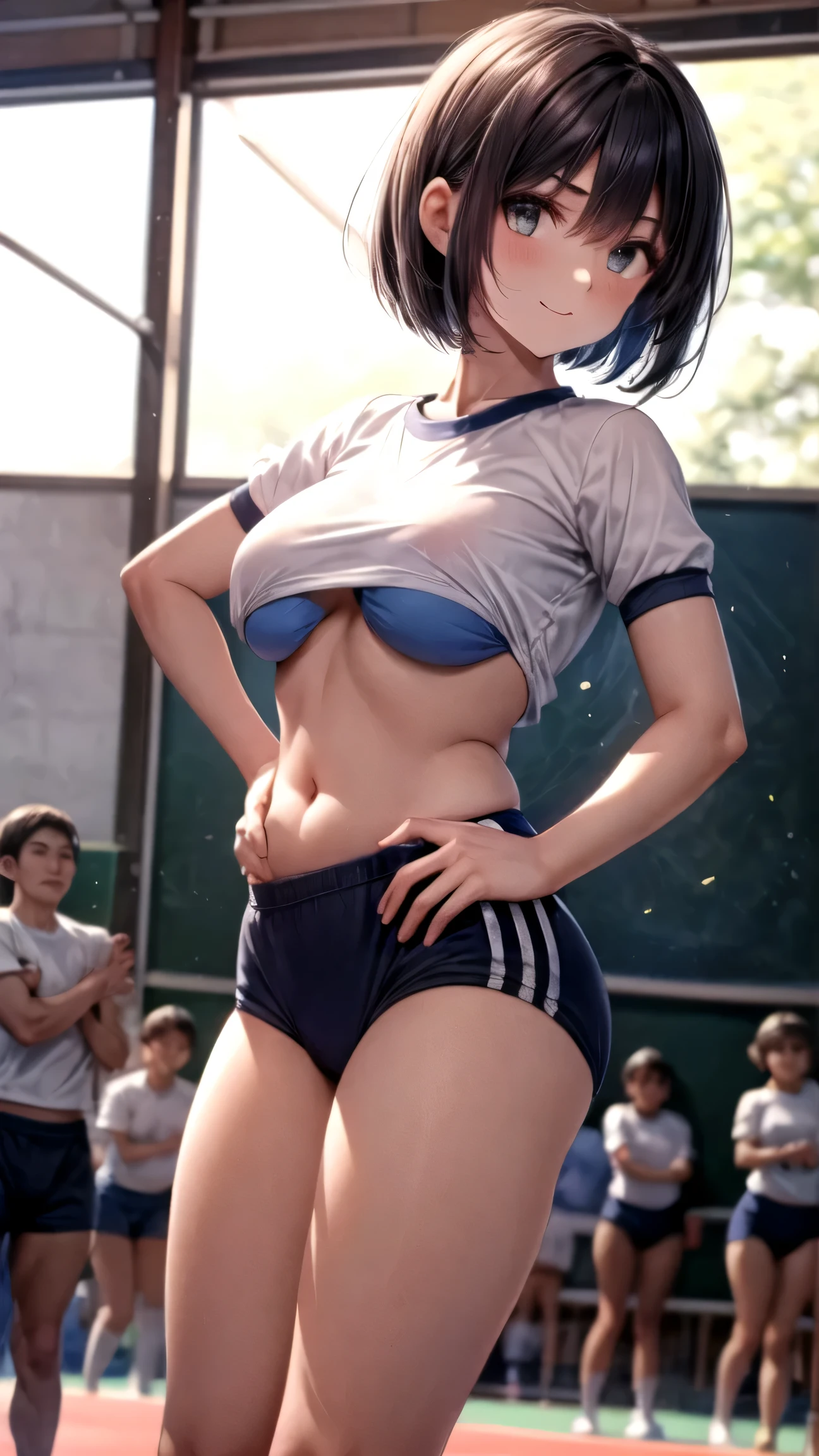 masterpiece, Highest Quality, Full HD, 16 kg, real human body , has accurate human , (Women's Sports Day, woman wears), charming smile standing facing forward, ((An illustration of a traditional school sports festival held on the school ground. The students are participating in an obstacle race, etc.々events including parents and teachers, race, And jump. The ground is decorated with colorful universal flags. audience, I'm participating in, I'm watching from the side. The overall atmosphere is vibrant))), (((a knight who puts his hands on his :2.0, Strong stance, intimidating))), old-fashioned japanese gym clothes and bloomers:2.0, Alone, 1 Girl, observing viewers, ((dark haired, beautiful black hair, short hair, Dark Eyes, delicate and beautiful skin, orderly, small nose, beautiful, Carefully drawn eyes)), ((very , P cup breasts、Underboob)), (((Traditional japanese gym uniform: dark blue bloomers and thick white gymnastics clothes that cover the chest、belly button out、and my stomach sticks out))), 18 years old, japanese, (emphasizes hairstyles that cover one eye), Cowboy Shot, Using colors from the 90s, active angle, Anime cel style, Bright screen.