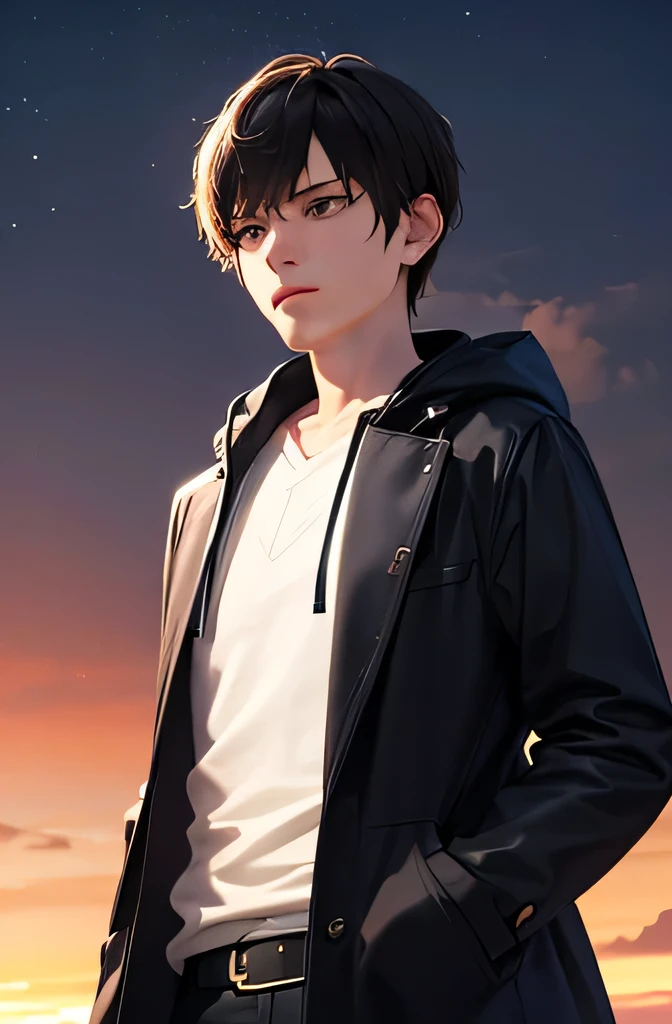  Time traveler, Expression with meaning, posture with upper body raised, person standing with a watch, device with an artifact on the chest, wearing a deep purple coat, 4K ultra high resolution, Realistic, 3d rendering, Space Distortion Phenomenon, romantic atmosphere, warm lighting, sunset sky,delicate texture, imaginative, Realisticな質感, high level of detail, professional grade, vibrant colors, bokeh