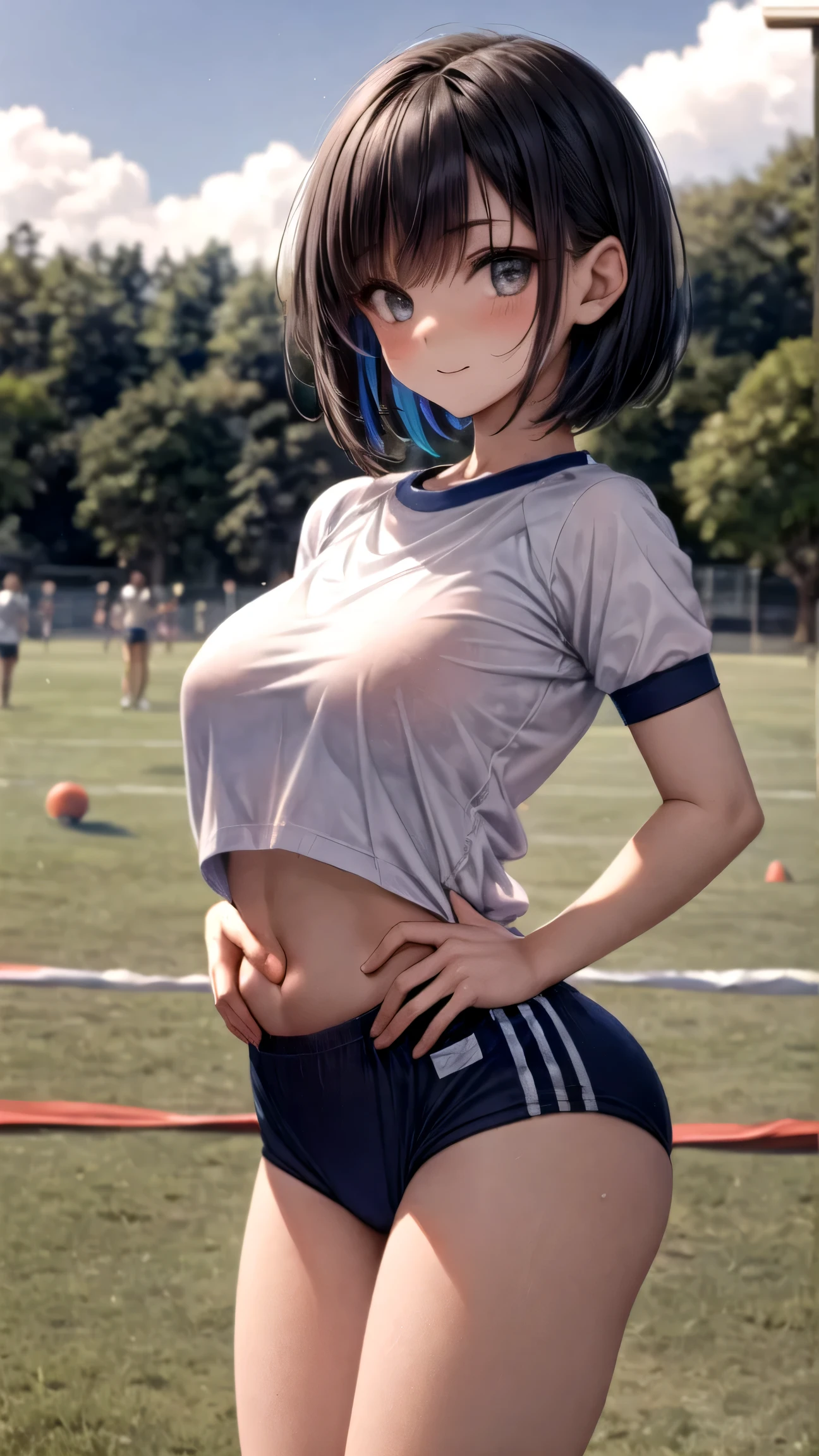 masterpiece, Highest Quality, Full HD, 16 kg, real human body , has accurate human , (Women's Sports Day, woman wears), charming smile standing facing forward, ((Illustration of a traditional school sports festival held on an outdoor school ground. The students are participating in an obstacle race, etc.々events including parents and teachers, race, And jump. The ground is decorated with colorful universal flags. audience, I'm participating in, I'm watching from the side. The overall atmosphere is vibrant))), (((a knight who puts his hands on his :2.0, Strong stance, intimidating))), old-fashioned japanese gym clothes and high-leg bloomers:2.0, Alone, 1 Girl, observing viewers, ((dark haired, beautiful black hair, short hair, Dark Eyes, delicate and beautiful skin, orderly, small nose, beautiful, Carefully drawn eyes)), ((very , P cup breasts、Underboob)), (((Traditional japanese gym uniform: Navy blue high-leg bloomer and sheer white gym clothes that cover the chest、belly button out、and my stomach sticks out))), 18 years old, japanese, (emphasizes hairstyles that cover one eye), Cowboy Shot, Using colors from the 90s, active angle, Anime cel style, Bright screen.