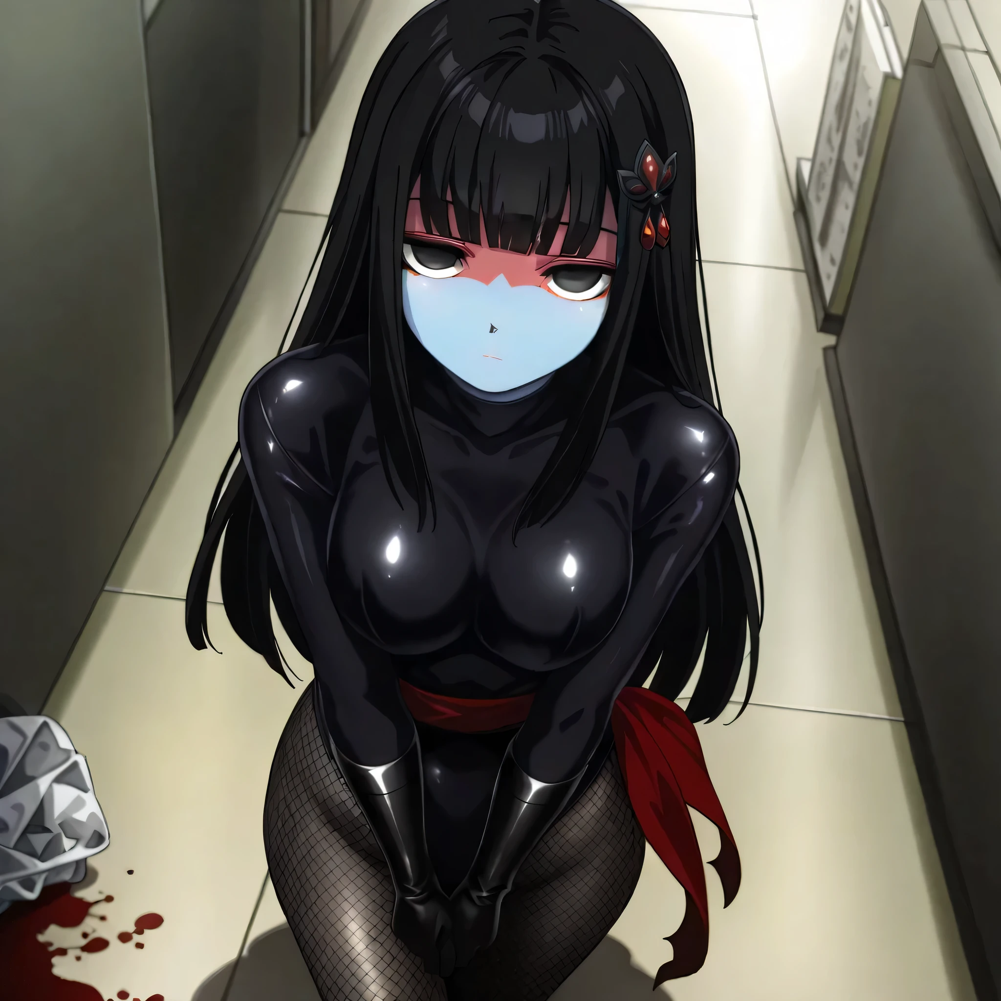 (((Masterpiece))), (((Best Quality))), ((Super Detail)), ultra-High resolution, score_9,score_8_up,score_7_up,score_6_up,score_5_up,score_4_up, BREAK, source_anime, anime screencap, uncensored, Masterpiece, (best shadow), (absurdres), (detailed background), (very aesthetic), detailed beautiful eyes, outstanding, an exquisite animation illustration, curvy, highres, shiny clothing, dark persona, empty eyes, blank eyes, shocker, black leotard, latex elbow gloves, brown fishnet pantyhose, blue skin, colored skin, red sash, makeup, red skin, (((solo, 1girl))), hair ornament,  pose, submissive pose, anime style, anime coloring, animification, megami magazine,  pose, dynamic angle, cinematic angle, dutch angle, Medium , osaragi, long hair, black hair, blunt bangs, black eyes, blank eyes, sidelocks, v arms, standing, walking, looking from above, view from above, from above, hallway, blood splatter, looking ahead, expressionless, emotionless, , indoor, apocalyptic, trash, garbage