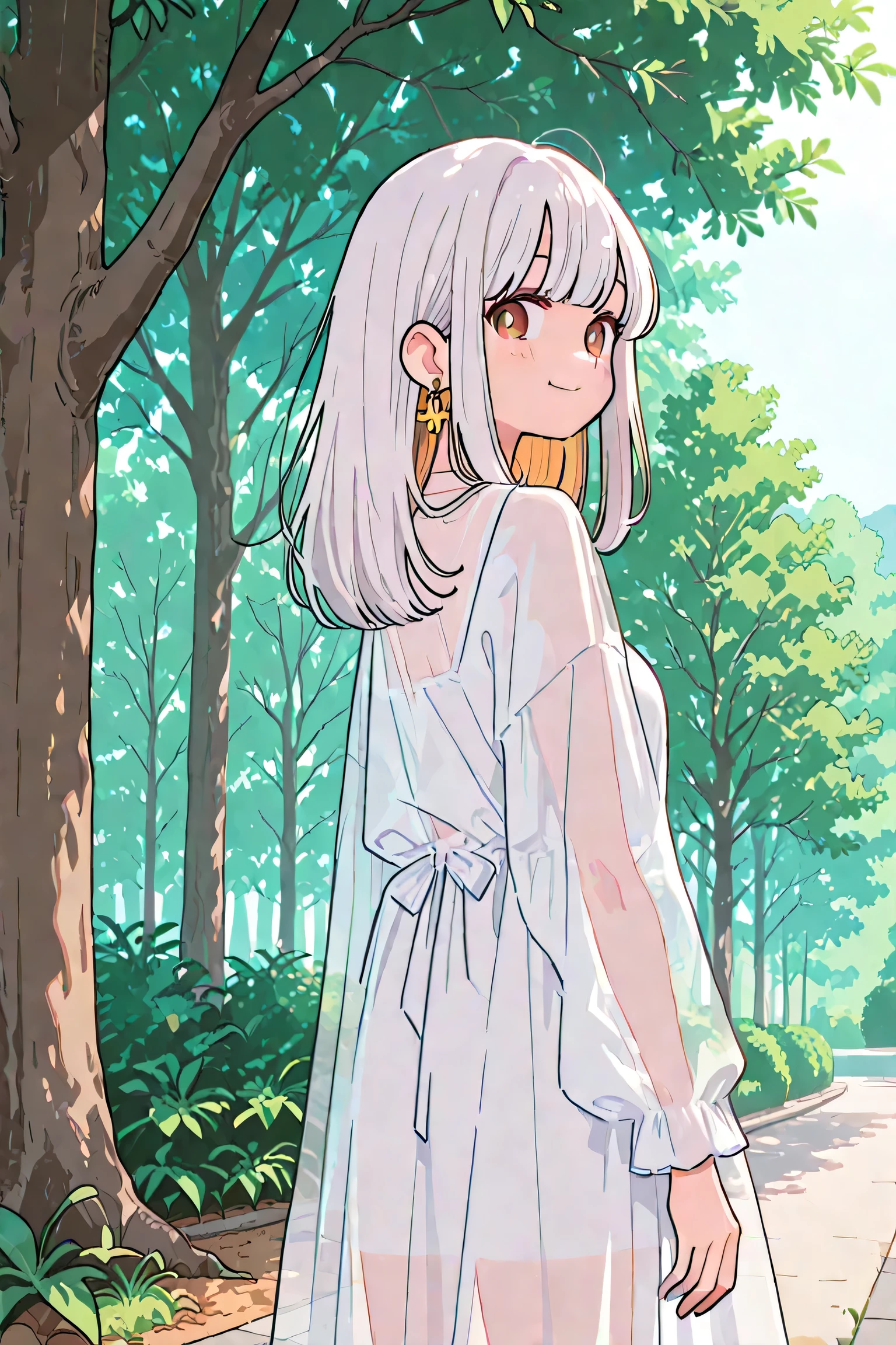 Girl in a white dress looking back and smiling in the shade of a tree filtering through the trees、move big、transparent dress、Laughter like the sun、 zoom angle