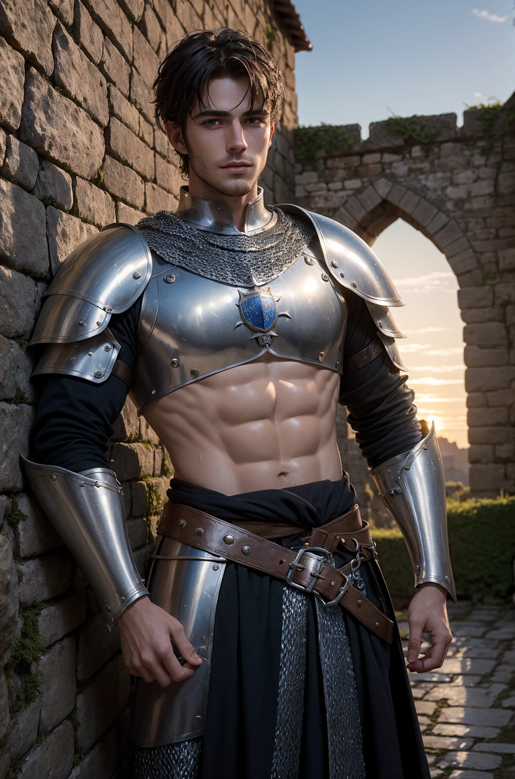 <lora:William_ReV:1> 1boy, blonde hair, blue eyes A handsome young knight with a shaved head and bright piercing blue eyes wearing skimpy silver armor, showing off his athletic upper torso and (((hard perky nipples))) as he stands in a beautiful, lush, vibrant green forest on a beautiful spring morning.