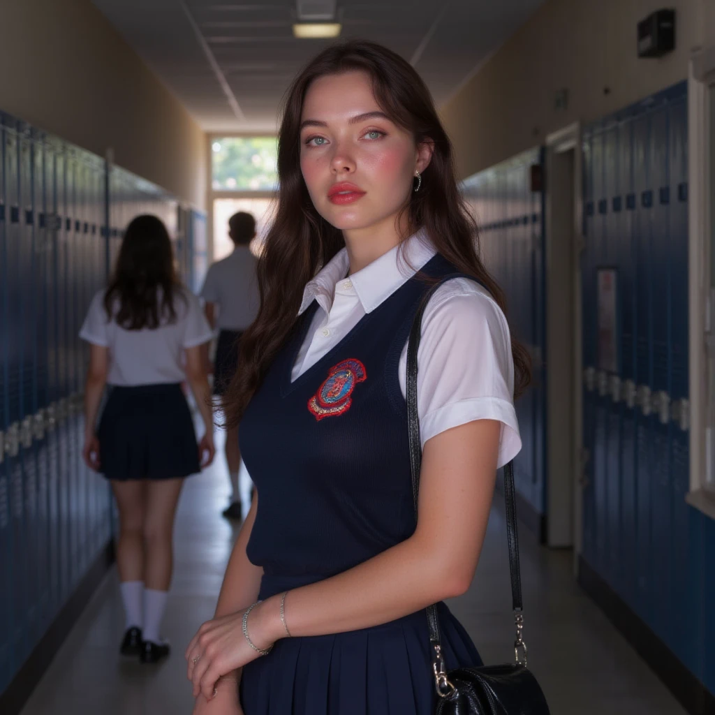 (Muscular:0.5), (thick thighs:0), (large round breasts:0), (large muscular chest and shoulders:0.5), FEMALE, brown hair, long brown hair, (big smile:0), (wearing a tight blue short sleeve Polo shirt and skirt:1.5), looking at viewer, (three quarter view:1.2), upper body view, (school hallway:1.5), dark lighting, detailed skin, detailed eyes, (dark skin:1.3), (huge round muscles:0.5),