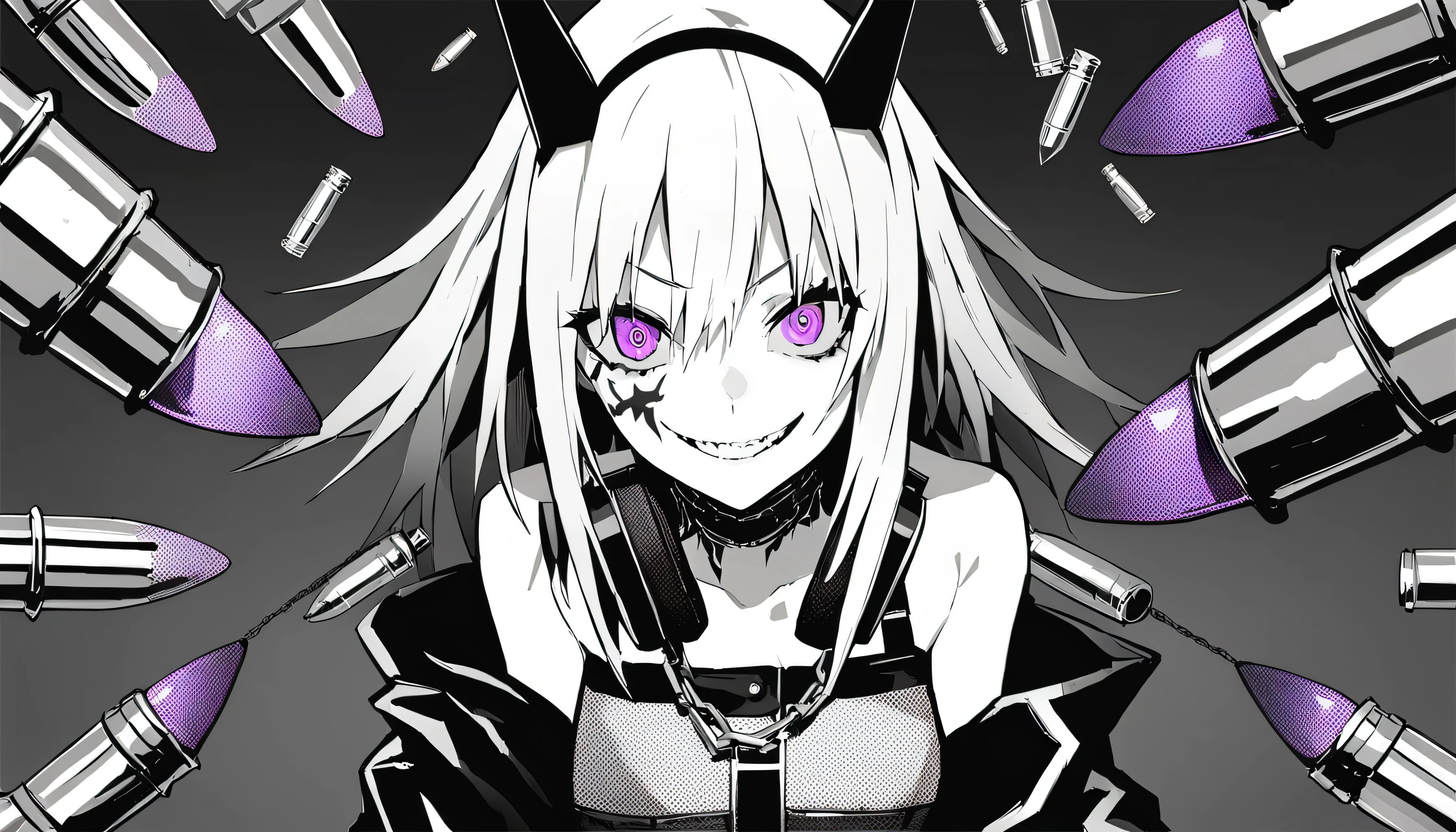 ((The background is chains and bullets))、masterpiece, Highest Quality, ((1 girl:The arrangement is centered)), ((The background is chains and bullets))、Spikes, ((solo)), headphones , Crazy smile, , spiked Color, Illness、monochrome, coloredのheadphones around neck,yandere, Black background, Color, watching viewers, Bare Shoulder, purple eyes,(hairstyle:mesh:colored)、stats 、wear a leather jacket、Hard Rock Punk Outfit、tattoo on the face、Fallen Angel