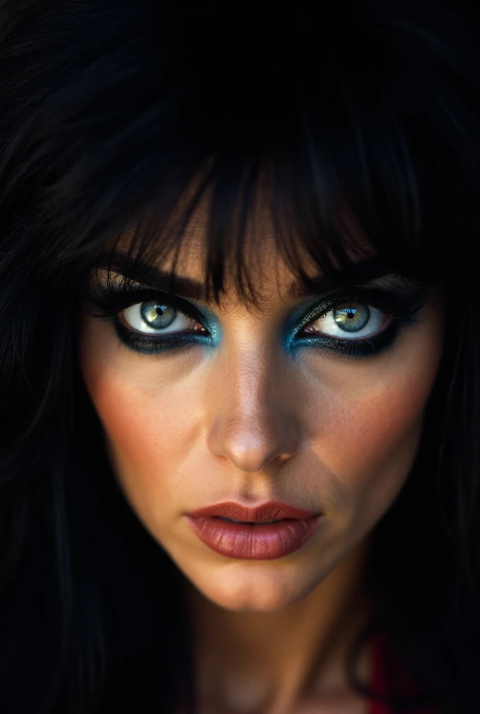 of Egypt blue eyes evil face she is beautiful she has Egyptian accessories on her face white skin rosy nose short black hair hand on her mouth looks she has a dark look perfect smile she has dark eyes and perfect fingers she the sun shining on one side of the face and shadow on the other side of the face