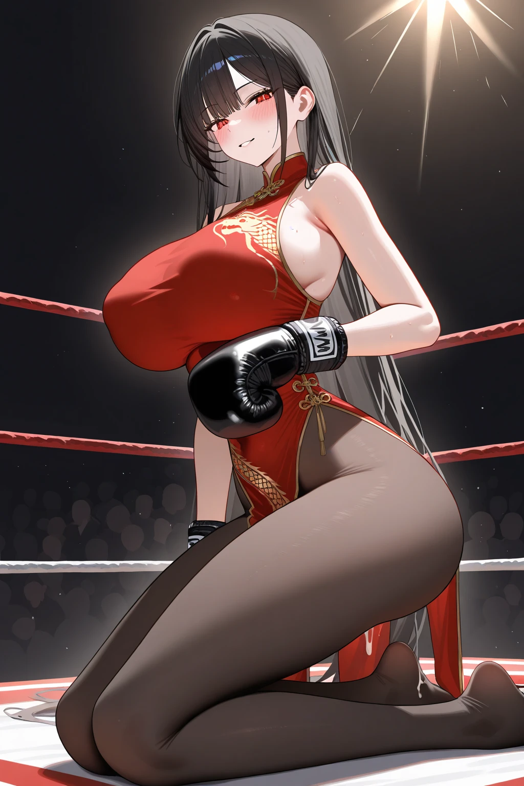 A slim beautiful girl,Good shape,Pretty Face,detailed picture, blush,White long hair,Wearing cheongsam,Wearing black suspender stockings,high-heel boots,Wearing black boxing gloves，Wearing black sleeves,Kneeling alone in the boxing ring and making ???? moves,Sticking out tongue,?????????????,Cleavage,Thin legs,??????,