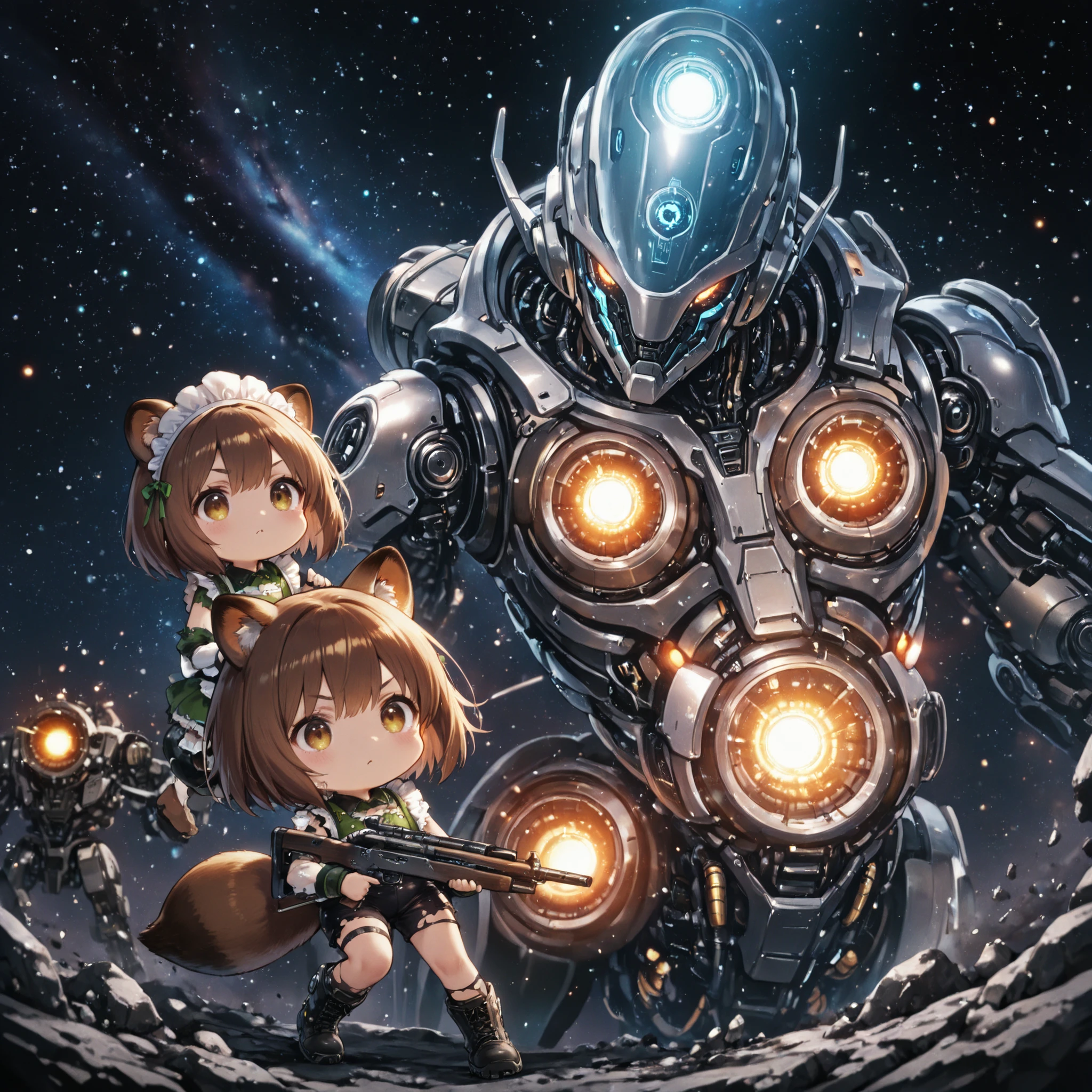 masterpiece, Highest Quality, anime style, full body, (chibi:1.2), (multiple:1.4)
outer space, 地球に落下するSpace Colonyの周りを飛び交う緑のRaccoon Girl達, 

#Raccoon Girl: 
 Fox's Ears, Brown Hair Straight, (short hair:1.2), Tanuki tail, Red Glowing Eyes, (No expression), (small breasted:1.4), round face,  barcode , (Biomech:1.3), 
(Carrying a rifle), (Metallic Light Green Maid Outfit), black shorts, Mechanical Combat Boots, (torn clothes:1.2), (flight), 

#Space Colony: 
cylinder-shaped, Gerard O'Neill type, 

robot,scifi,glowing,
