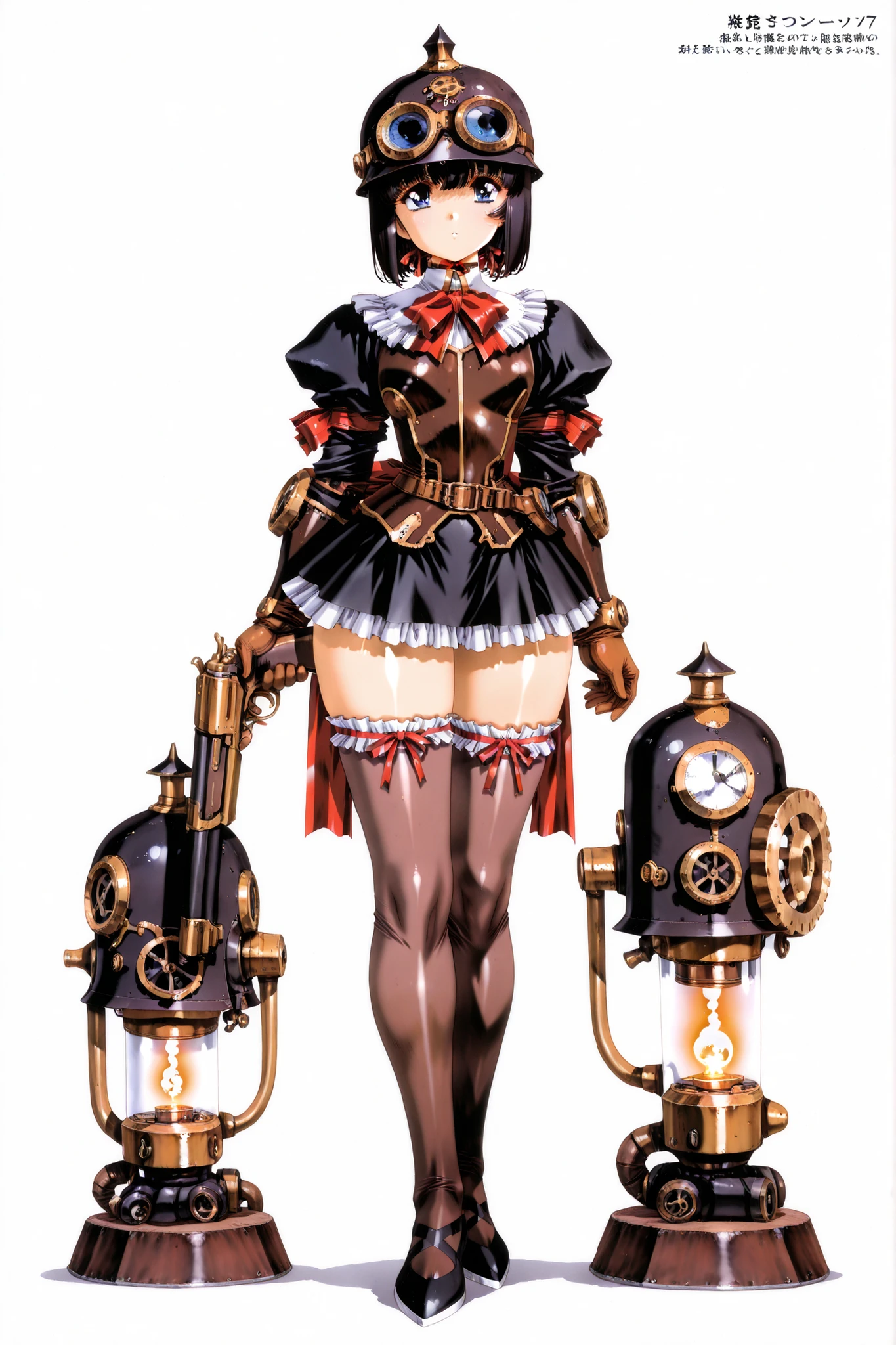 DonMN1x137ub35XL, (1girl, solo) chest ribbon, back ribbon, frills, black hair, blue eyes, thick thighs, miniskirt, holding gun, {{goggles on heltmet, armor, thighhighs, gloves, detailed eyes, full body, standing, }}, {{best quality, amazing quality, very aesthetic, best details, highres, masterpiece}}  Gothic, Frills, shiny skin, Frills, shiny skin, {{best quality, amazing quality, very aesthetic, best details, highres, masterpiece}}, Gothic Lolita, Frills, Steampunk, mogudan, Nakajima Atsuko, thores shibamoto, urushihara satoshi (style), Satoshi Urushihara, steampunk, gears, pickelhaube, helmet, military uniform, simple background, white background, nixie tube, 
