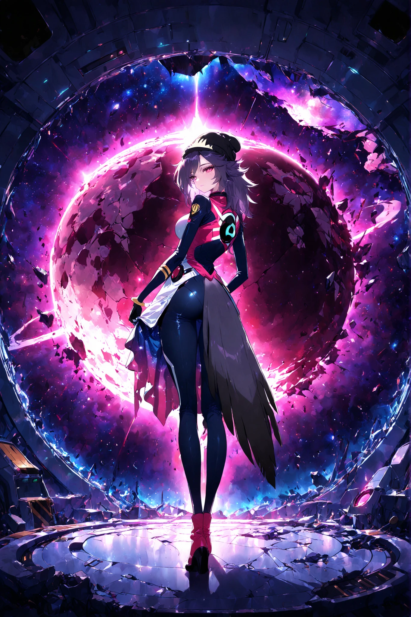 Collapsed Space Station, Broken Space Station,from behind, full body, one girl, solo,standing,looking back,
Octavia (Helluva Boss) \(pilot suit\),Beanie,
masterpiece,of the highest quality,great quality,very aesthetic,absurd dress,