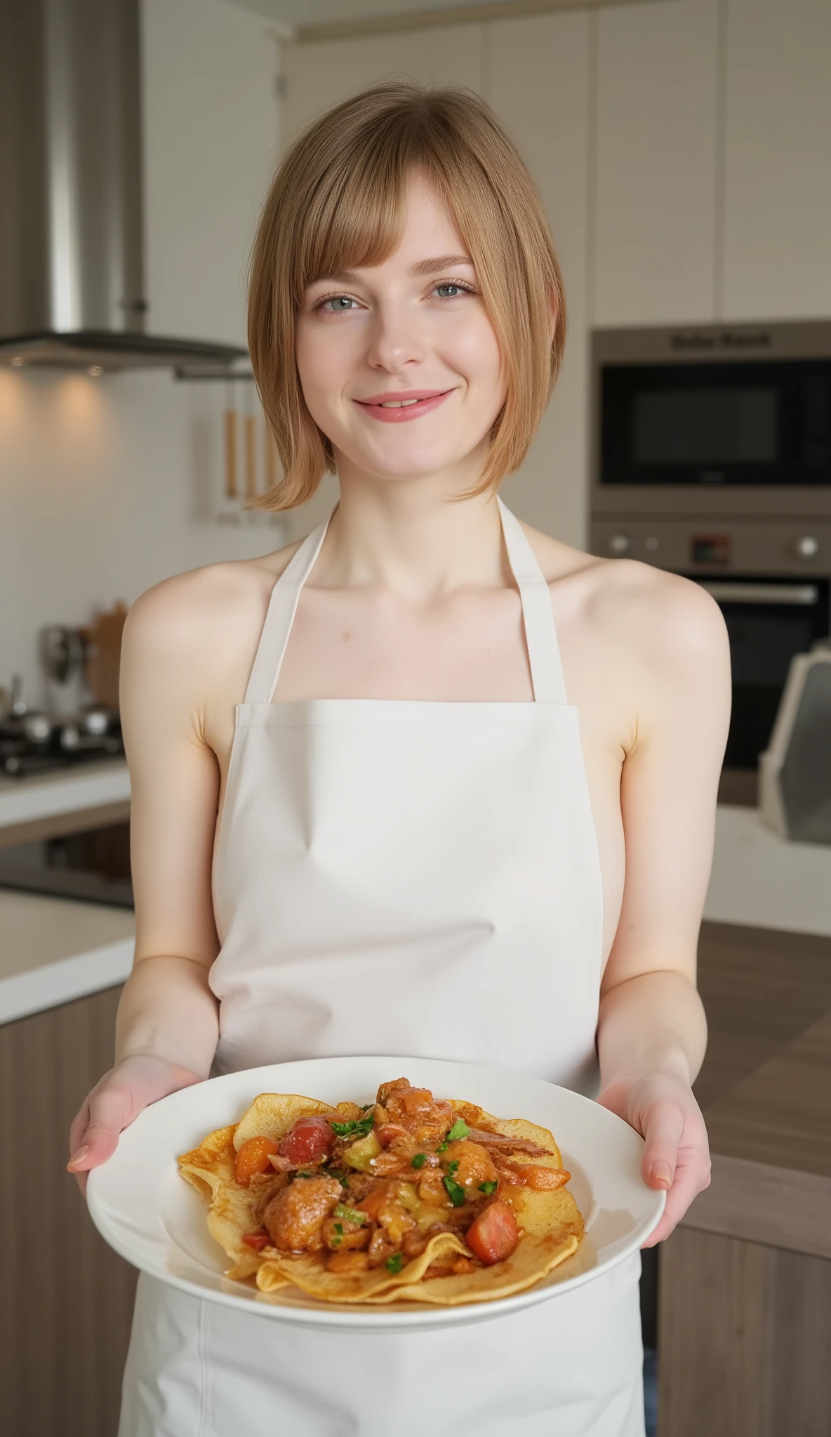 A high resolution photograph of an 18yo european woman, photo realistic, masterpiece, amazing quality, intricate details, professional lighting, solo, 1girl, (short straight blonde hair) blonde hair, She is holding a plate of delicious food with both hands, proudly presenting it to the audience, wearing a tiny apron not covered her tits, showing nude tits, The person smiles warmly with happy, inviting eyes, pale skin, fine-textured skin, detailed face, detailed eyes, sophisticated nose, seductive lips, sensual face, totally naked (photo-shooting her above the midriff:1.3), standing, naked, (small breasts), (her chest show off:2), (perfect hand, detailed hands, detailed fingers, anatomically correct proportion), A cheerful person standing in a bright, modern kitchen, natural lighting, some cooking utensils, and ingredients around, creating a lively and appetizing atmosphere, totally naked, ultra realistic, naked, nude, nude body, nice boobs, sexy pose, sensual pose, realistic detail, wearing a tiny apron not covered her tits, showing nude tits, showing nude tits
