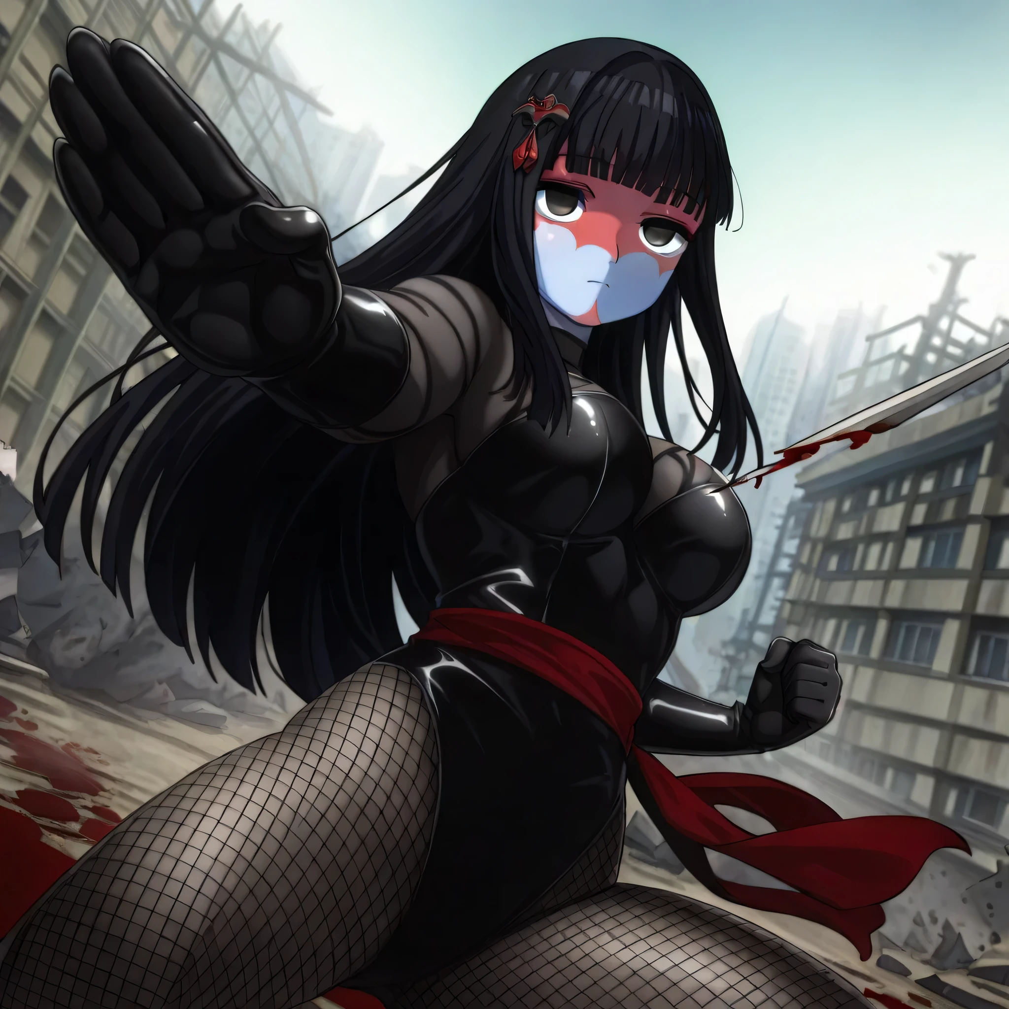 (((Masterpiece))), (((Best Quality))), ((Super Detail)), ultra-High resolution, score_9,score_8_up,score_7_up,score_6_up,score_5_up,score_4_up, BREAK, source_anime, anime screencap, uncensored, Masterpiece, (best shadow), (absurdres), (detailed background), (very aesthetic), detailed beautiful eyes, outstanding, an exquisite animation illustration, curvy, highres, shiny clothing, dark persona, empty eyes, blank eyes, shocker, black leotard, latex elbow gloves, brown fishnet pantyhose, blue skin, colored skin, red sash, makeup, red skin, (((solo, 1girl))), hair ornament,  pose, submissive pose, anime style, anime coloring, animification, megami magazine,  pose, dynamic angle, cinematic angle, dutch angle, Medium , osaragi, long hair, black hair, blunt bangs, black eyes, blank eyes, sidelocks, indoor, apocalyptic, ruin, (((fighting, fighting stance, dynamic pose, action pose))), dynamic angle, cinematic angle, dutch angle, standing, looking at viewer, blood splatter, , holding collapsible buzzsaw, collapsible buzzsaw, serious, expressionless, emotionless,