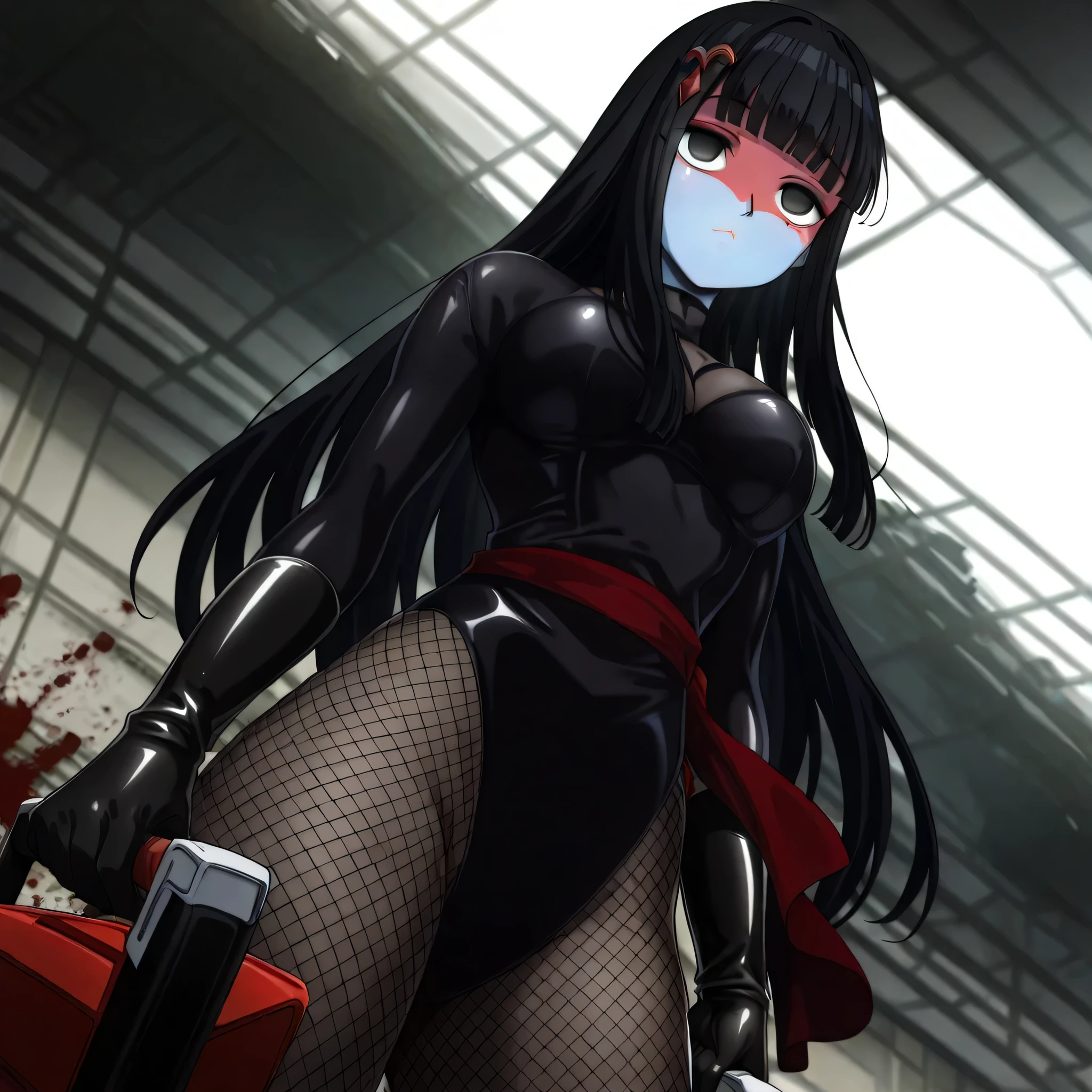 (((Masterpiece))), (((Best Quality))), ((Super Detail)), ultra-High resolution, score_9,score_8_up,score_7_up,score_6_up,score_5_up,score_4_up, BREAK, source_anime, anime screencap, uncensored, Masterpiece, (best shadow), (absurdres), (detailed background), (very aesthetic), detailed beautiful eyes, outstanding, an exquisite animation illustration, curvy, highres, shiny clothing, dark persona, empty eyes, blank eyes, shocker, black leotard, latex elbow gloves, brown fishnet pantyhose, blue skin, colored skin, red sash, makeup, red skin, (((solo, 1girl))), hair ornament, pose, submissive pose, anime style, anime coloring, animification, megami magazine, pose, dynamic angle, cinematic angle, dutch angle, Medium , osaragi, long hair, black hair, blunt bangs, black eyes, blank eyes, sidelocks, indoor, apocalyptic, ruin, fighting, fighting stance, dynamic pose, action pose, dynamic angle, cinematic angle, dutch angle, standing, looking at viewer, blood splatter, , holding collapsible buzzsaw, collapsible buzzsaw, serious, expressionless, emotionless,