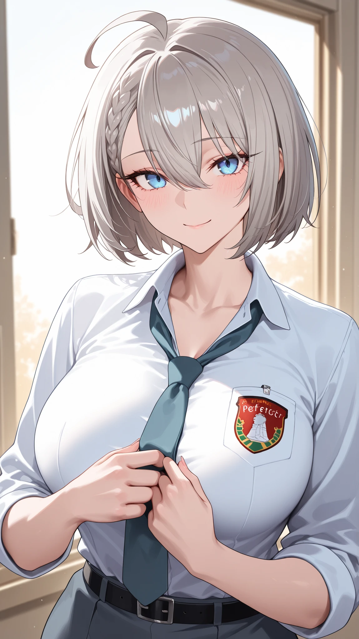 1girl, solo, anime girl, elegant mature woman, badass, baltimore, masterpiece, very aesthetic, grey hair, short hair, french braid, ahoge, hair between eyes, bob cut, light blue eyes, sharp eye outlines, long eyelashes, looking at viewer, flirty expression, small smile, big breasts, curvy body, indonesian school uniform, white shirt, collared shirt, blue gray skirt, gray blue necktie, black belt, morning time, golden hour, class background, simple background, soft skin, volume light, depth of field, high detail, highres, ultra-detailed, detailed face, (detailed eyes), (perfect eyes), perfect composition, intricate details, detailed and polished anime style, (detailed hand), (perfect hand), (anatomically correct hand), 4K, 8K