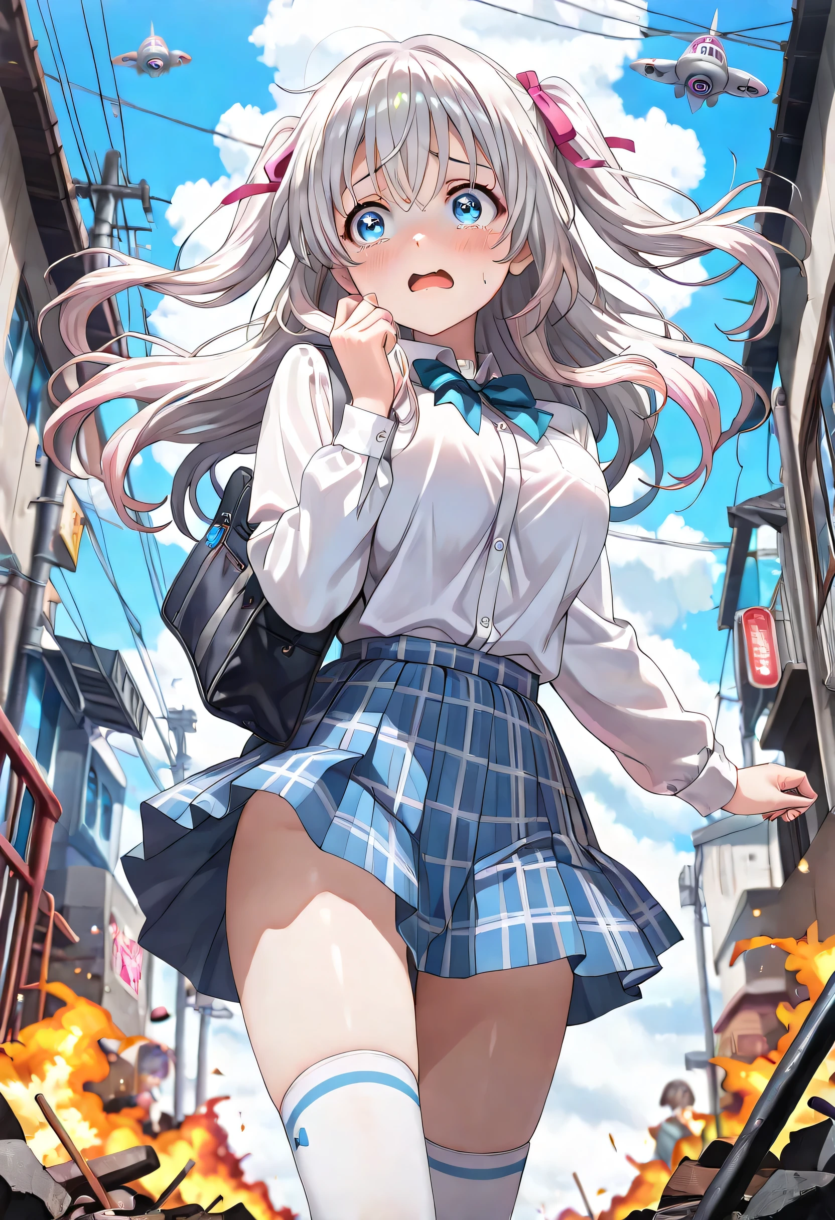 ((ultra-detailed)), (highly detailed CG illustration), (best quality:1.3), ultra-highly detailed, colorful composition, artistic photoshoot, 1girl, solo focus, moe anime character, Anime-style, harmonious color palette, ethereal ambiance, dainty facial structure, round face, rounded chin:1.2, short stature, blue eyes:1.3, droopy eyes:1.3, silver hair:1.4, long hair, two side up hairstyle, delicate curls, hair ribbon with black, harmonious color palette, ethereal ambiance, ample breasts, school uniform, blue stripe neck bow, long sleeves white shirt, blue checked pleated skirt, white high socks, school bag from her shouder, exploding_clothes:1.4, torn_clothes:1.4, (scared:1.5), despair:1.3, tearful:1.3, blush:1.3, escape:1.4, running, flowing hair in the wind, from front, dramatic angle, from below, looking away, cowboy shot, ruined city, burning city, dystopian atmosphere, flying UFOs in sky, burning skyscrapers, destroyed_tank, scattered rubble, smoldering cars, night:1.4, backlight, dynamic pose:1.4, contrapposto pose, best quality, masterpiece, cinematic lighting, 8K resolution, portrait, depth of field, caustics, ray tracing, perfect face, lustrous skin, highly detailed face, highly detailed eyes, perfect face, perfect nose, perfect hair, perfect eyes, beautiful hair, beautiful small face, extremely detailed face, beautiful detailed eyes, beautiful clavicle, beautiful body, beautiful ample breasts, breasts squeezed together, thin thighs, beautiful legs, beautiful fingers, 4 fingers, 1 thumb, lovely, (very detailed background:1.0), (highly detailed background:1.0), pastel colors palette, kawaii aesthetic, intricate details, girly atmosphere, chromatic aberration