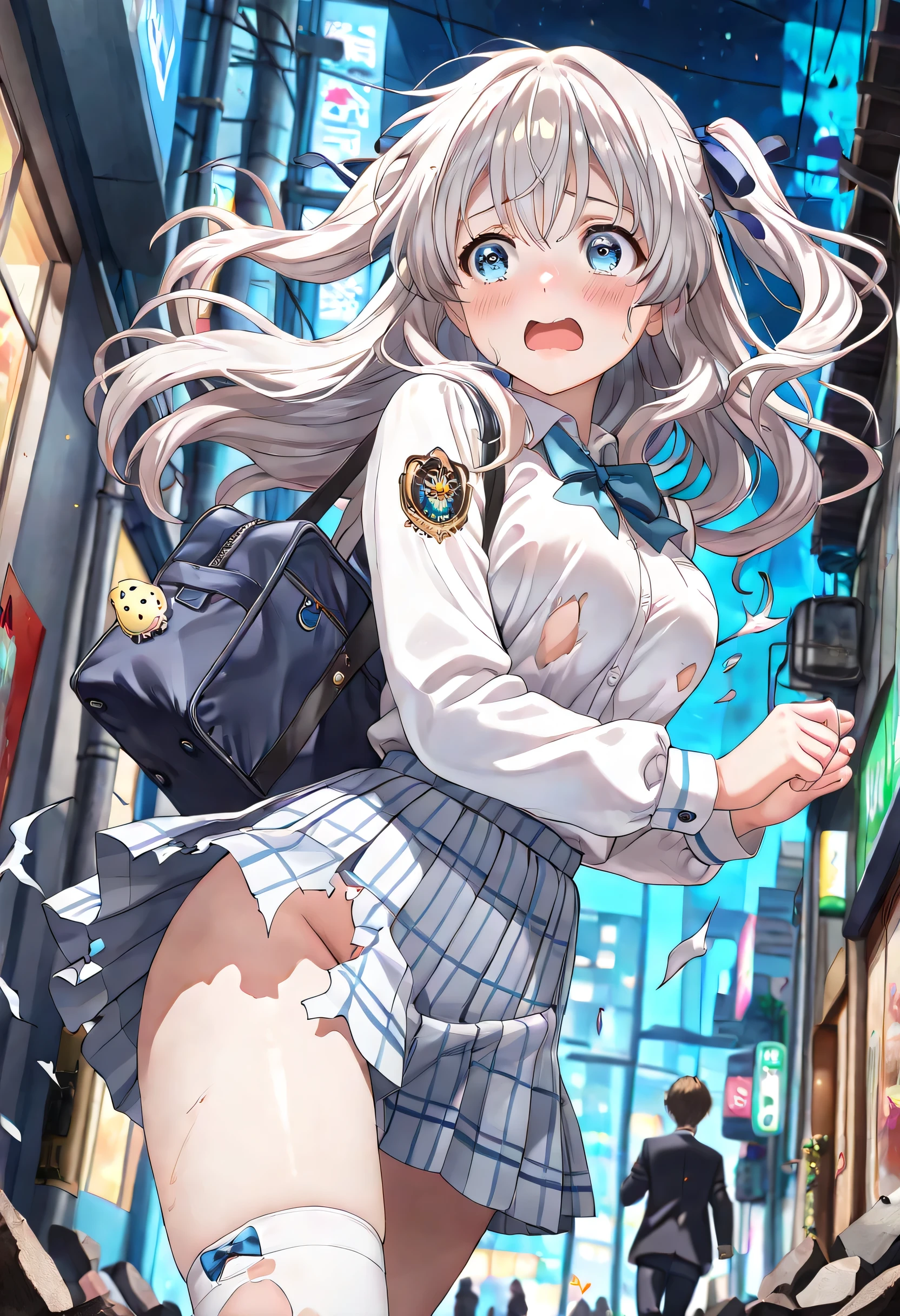 ((ultra-detailed)), (highly detailed CG illustration), (best quality:1.3), ultra-highly detailed, colorful composition, artistic photoshoot, 1girl, solo focus, moe anime character, Anime-style, harmonious color palette, ethereal ambiance, dainty facial structure, round face, rounded chin:1.2, short stature, blue eyes:1.3, droopy eyes:1.3, silver hair:1.4, long hair, two side up hairstyle, delicate curls, hair ribbon with black, harmonious color palette, ethereal ambiance, ample breasts, school uniform, blue stripe neck bow, long sleeves white shirt, blue checked pleated skirt, white high socks, school bag from her shouder, (exploding clothes:1.4), (torn clothes:1.4), (scared:1.5), despair:1.3, tearful:1.3, blush:1.3, escape:1.4, running, flowing hair in the wind, from front, dramatic angle, from below, looking away, cowboy shot, ruined city, burning city, dystopian atmosphere, flying UFOs in sky, burning skyscrapers, destroyed_tank, scattered rubble, smoldering cars, night:1.4, backlight, dynamic pose:1.4, contrapposto pose, best quality, masterpiece, cinematic lighting, 8K resolution, portrait, depth of field, caustics, ray tracing, perfect face, lustrous skin, highly detailed face, highly detailed eyes, perfect face, perfect nose, perfect hair, perfect eyes, beautiful hair, beautiful small face, extremely detailed face, beautiful detailed eyes, beautiful clavicle, beautiful body, beautiful ample breasts, breasts squeezed together, thin thighs, beautiful legs, beautiful fingers, 4 fingers, 1 thumb, lovely, (very detailed background:1.0), (highly detailed background:1.0), pastel colors palette, kawaii aesthetic, intricate details, girly atmosphere, chromatic aberration