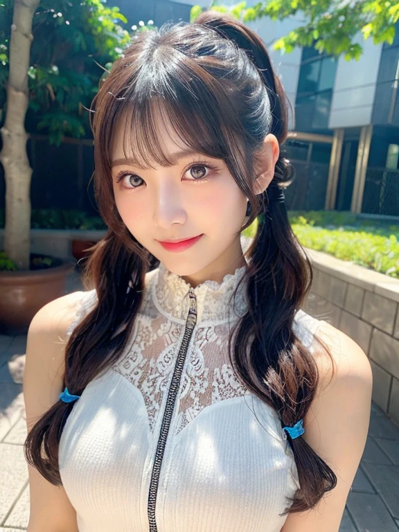 ((cute日本の女の子、Beautiful Japanese Girl、One girl、19 years old、ponytail、Highly detailed face and skin texture、Ultra detailed face、Ultra-detailed eyes、鬠红、blush、front、 cute、Highly detailed face and skin texture、Smooth white skin、Translucent skin texture、))、(Dark Brown Hair)、looking at the camera、Sharp Focus：1.2、Beautiful woman with perfect style：1.4、Japanese Model、((Highest quality、8K、masterpiece:1.5、１Photos))、(4K、RAW Photos、Highest quality)、Place people across the entire screen、Natural light、professional lighting、(Realistic、フォトRealistic:1.5)、 Young Gravure Idol、cuteグラビアアイドル、Real Gravure Idol、A sophisticated gravure idol、