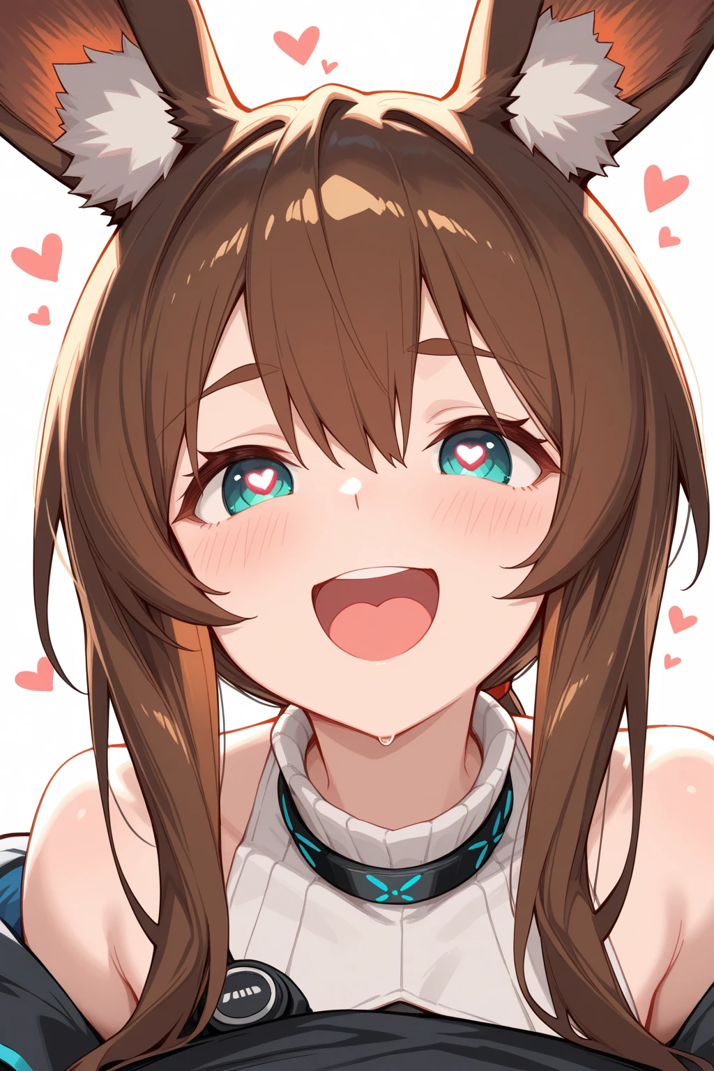 slender, mature female, 1girl, brown_hair, breasts, blush, long_hair, , jewelry, animal_ears, necklace, large_breasts, smile, monster_girl, wolf_tail, tail, cleavage, eyebrows_visible_through_hair, wolf_ears, 1bangs, heart, hair_between_eyes, sidelocks, solo_focus, solo, collarbone, _shoulders, speech_bubble, fang